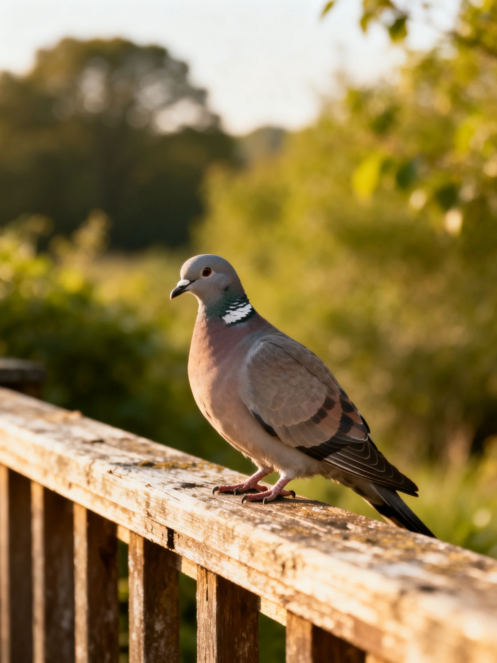 A pigeon sits on a wooden railing amid greenery