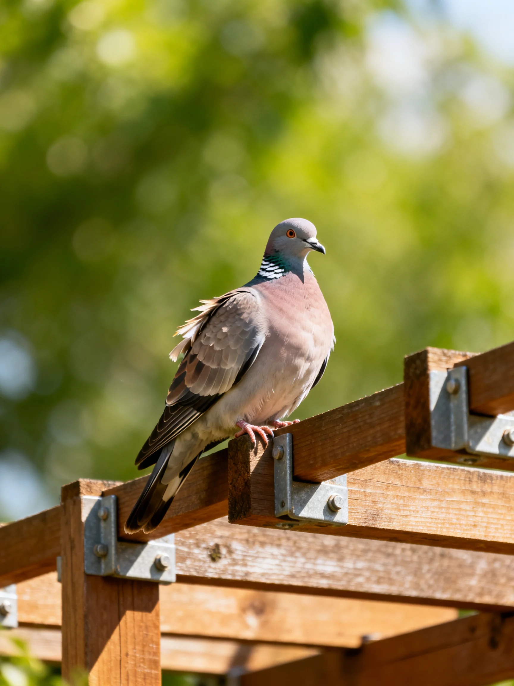A gray and pink pigeon rests on a wooden structure surrounded by greenery.