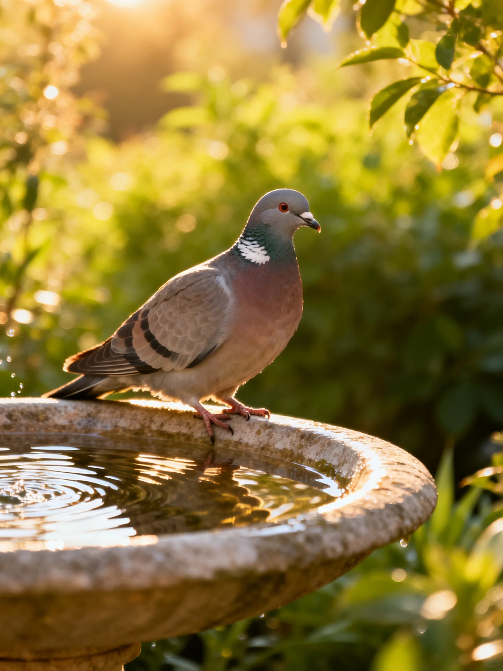 A pigeon rests on a stone birdbath amid lush greenery.