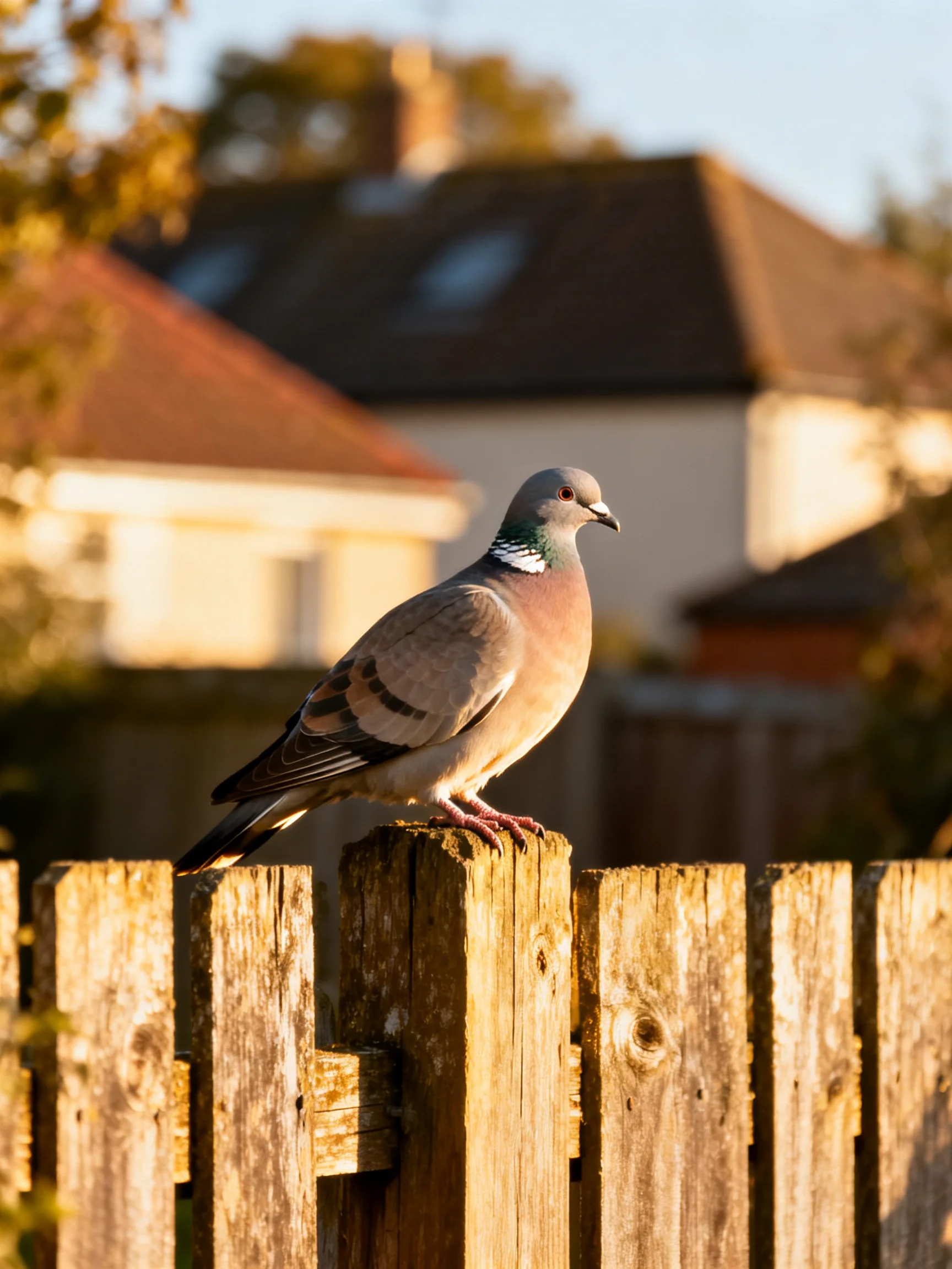 A pigeon stands on a weathered wooden fence with houses in the background.