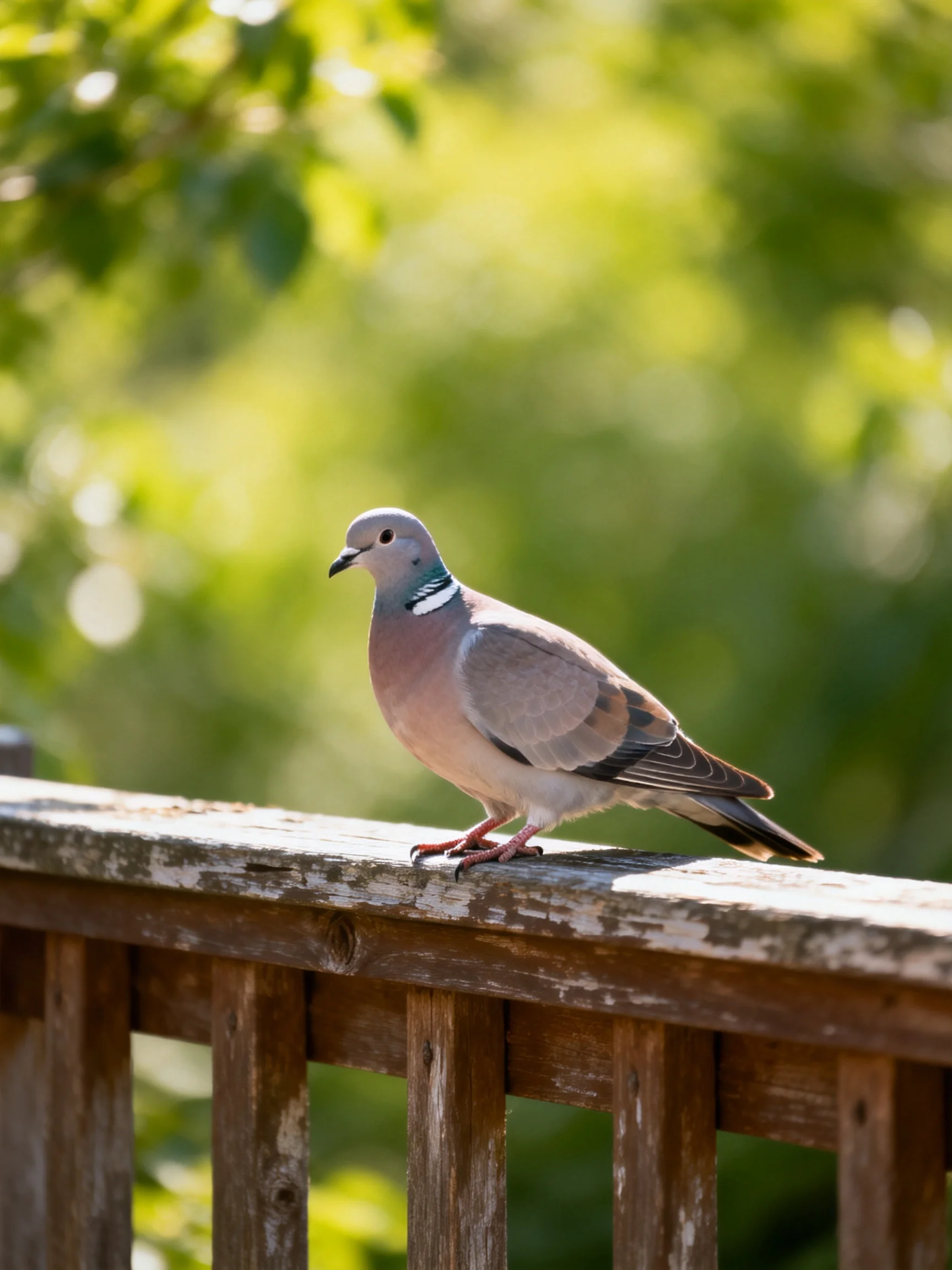 A gray and pink pigeon perches on a weathered wooden railing in a sunlit green setting