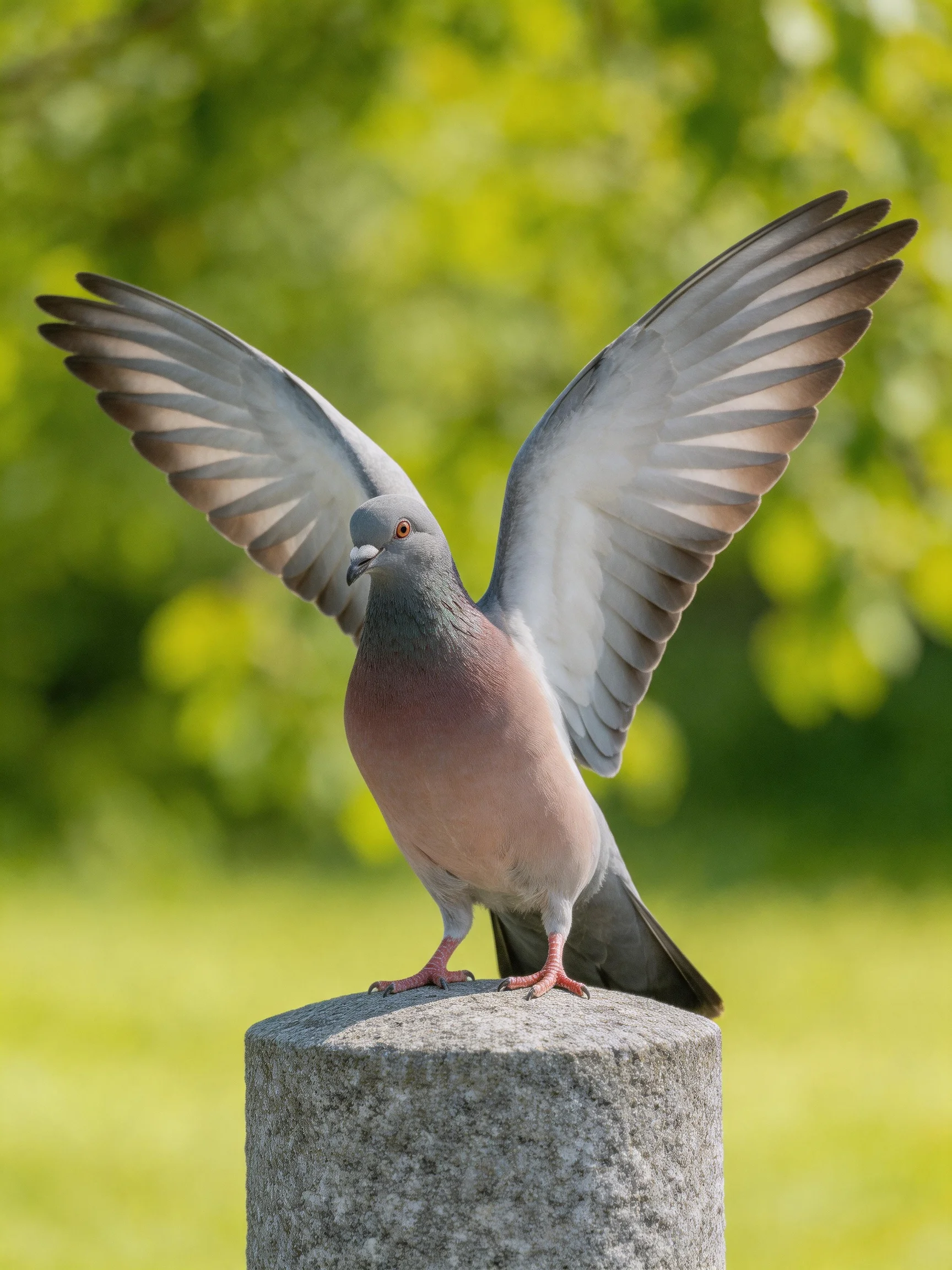 A gray and pink pigeon spreads wings on a stone pedestal
