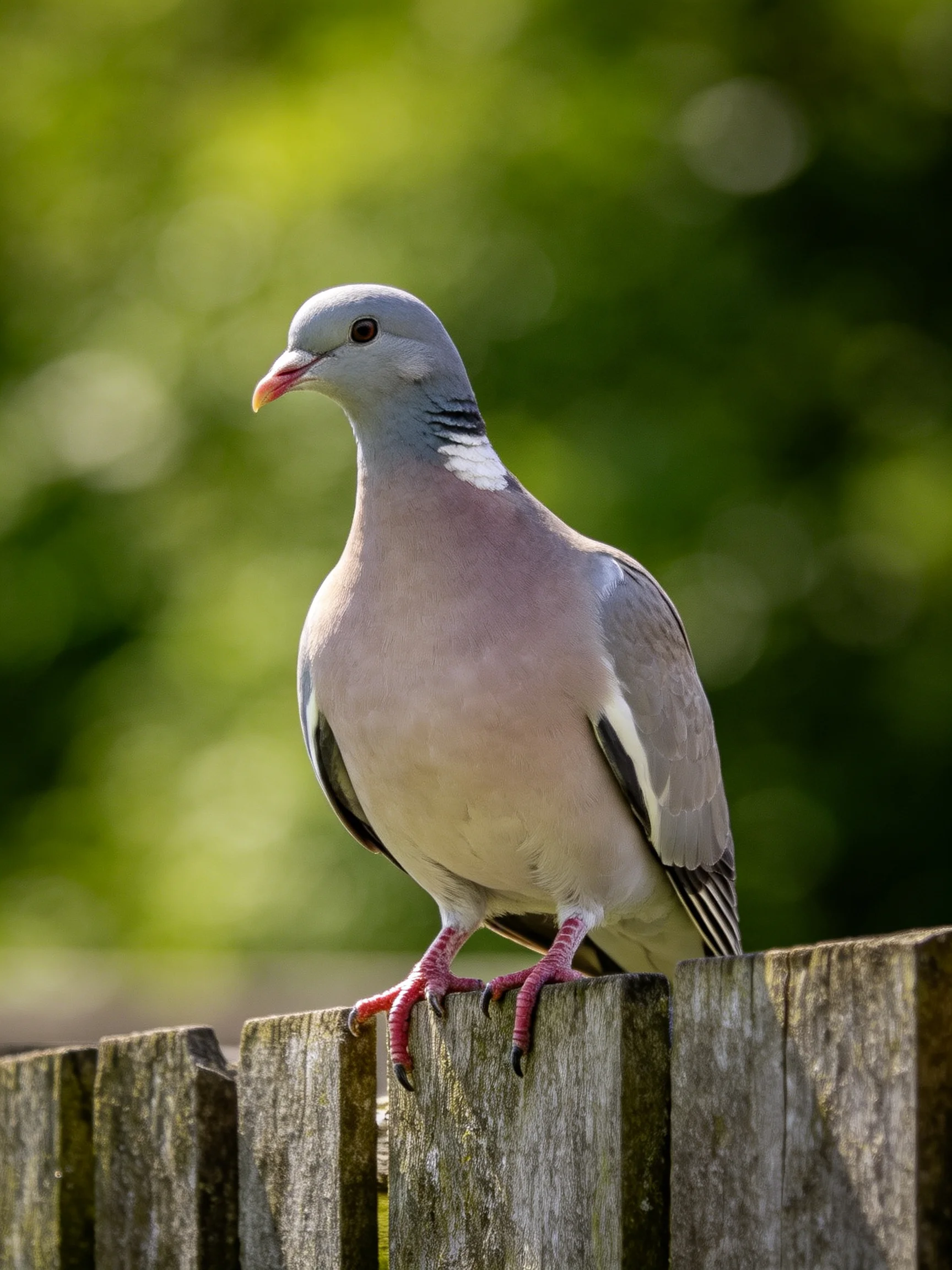 A gray and pink wood pigeon perched on an aged wooden fence