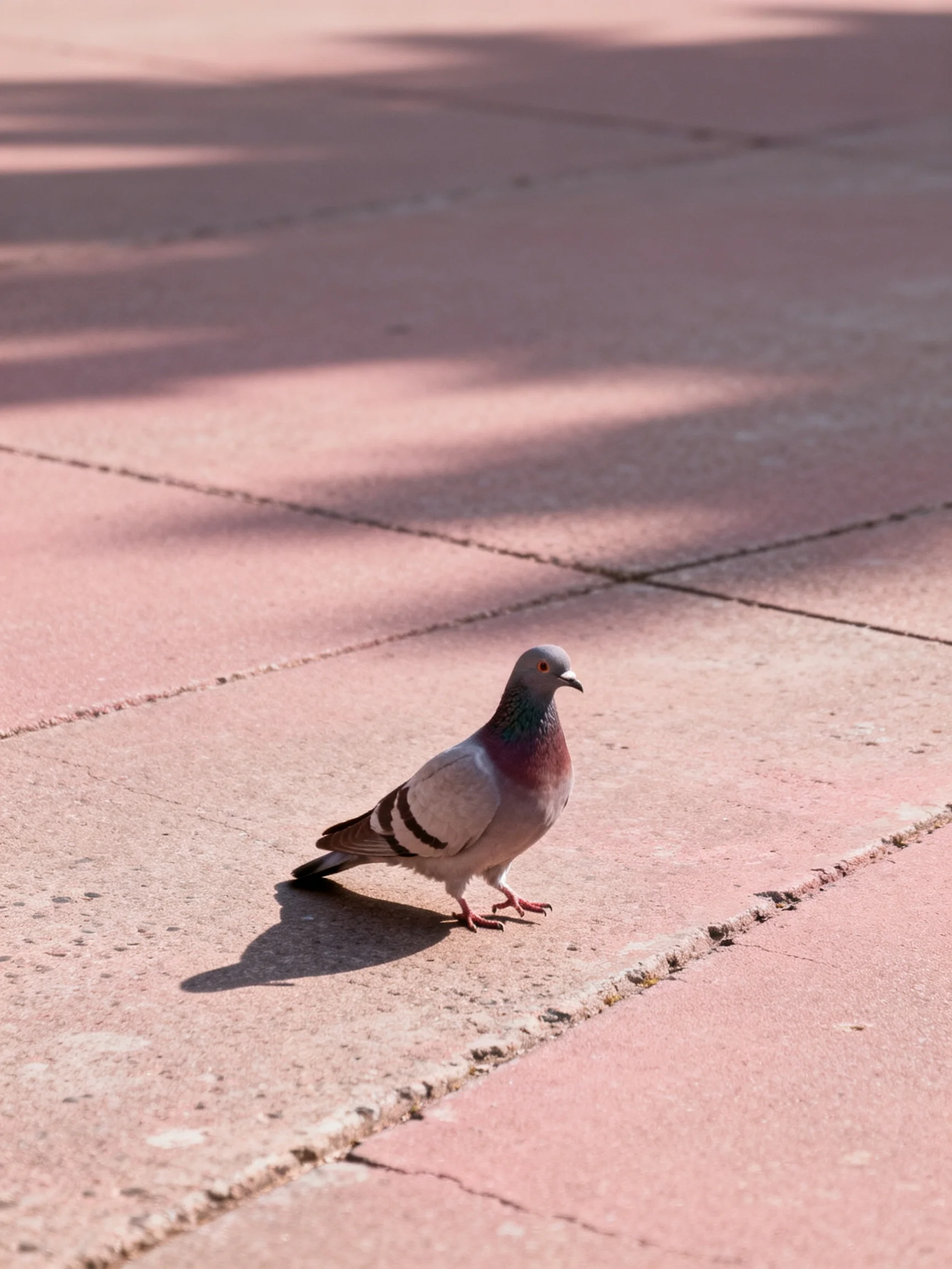 A gray and purple pigeon on reddish concrete tiles