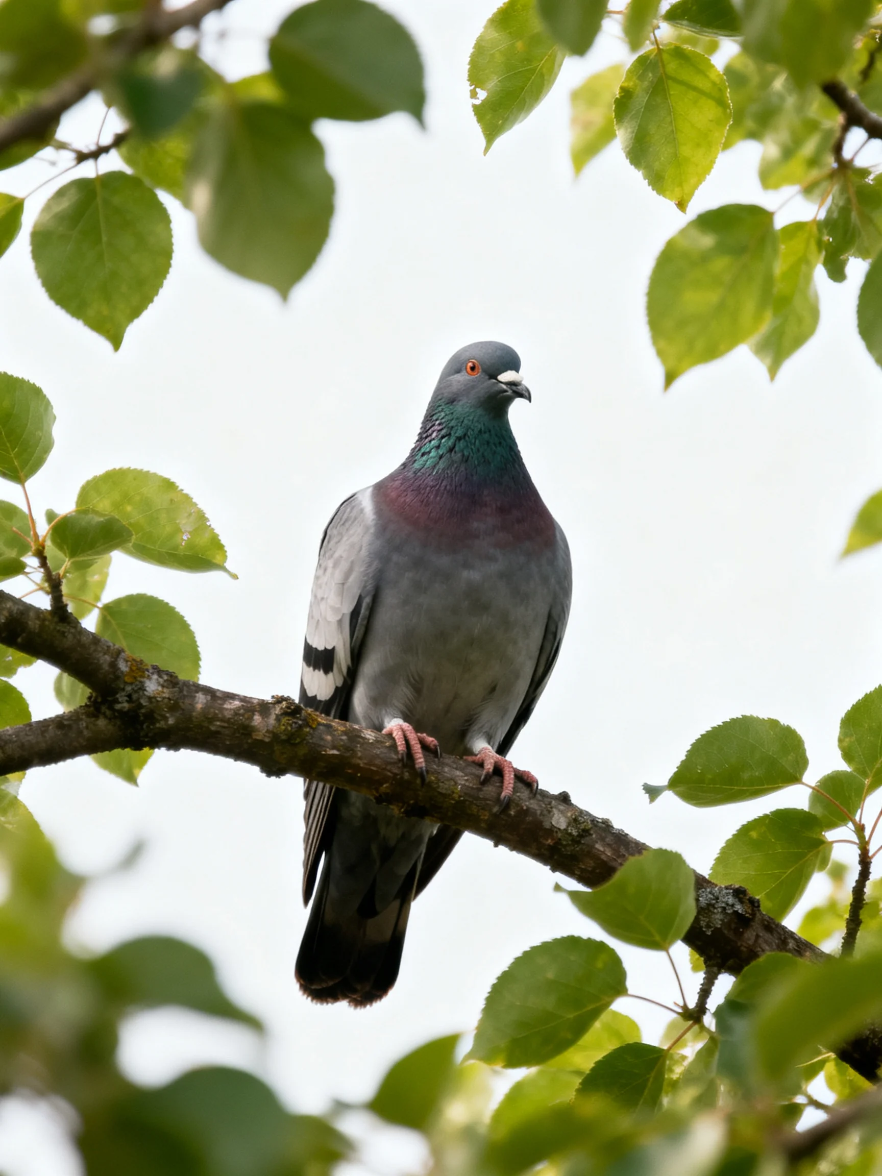 A pigeon with gray and purple plumage rests on a tree branch amid green foliage.