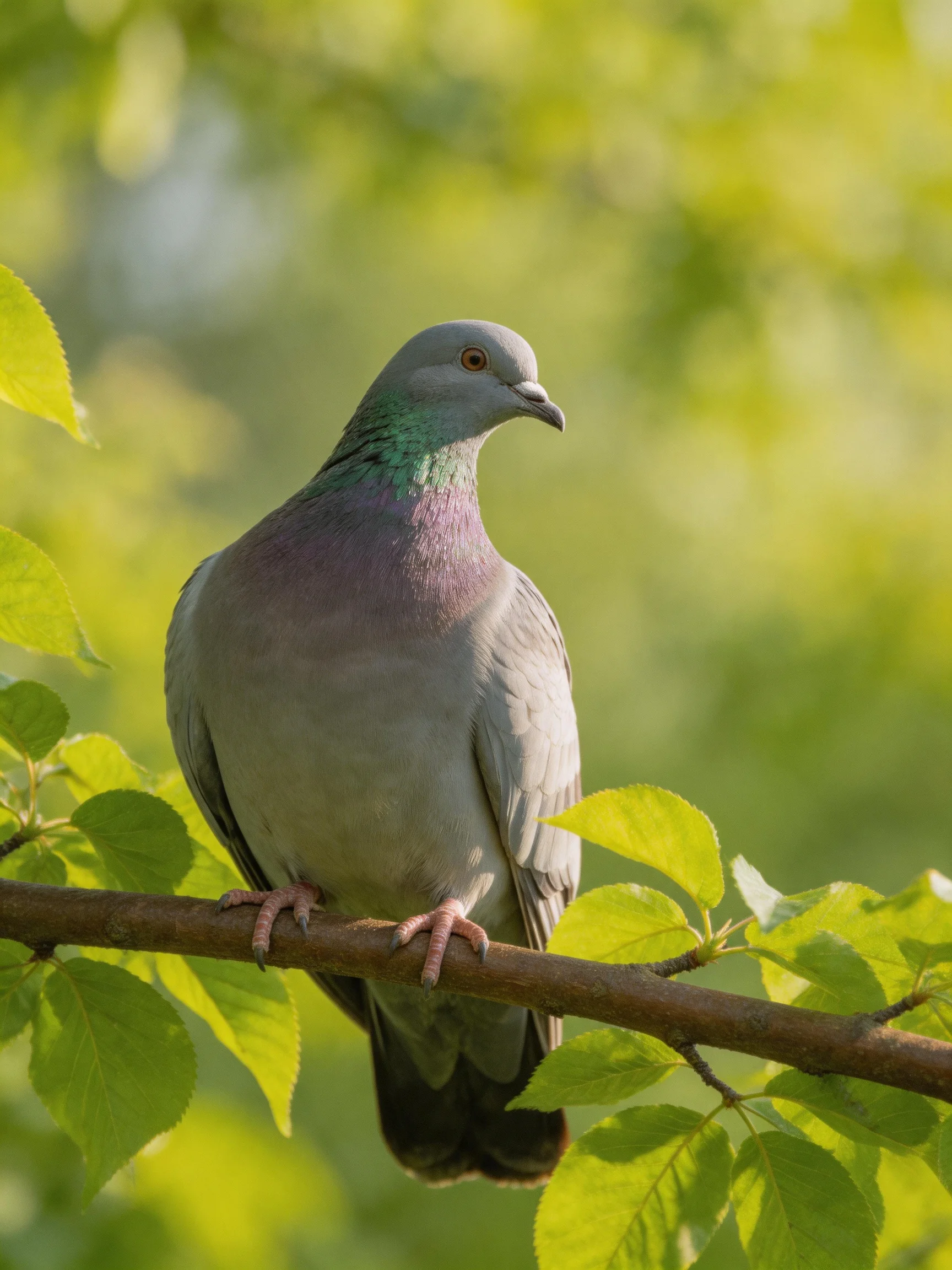 A colorful pigeon rests on a branch surrounded by lush green leaves.