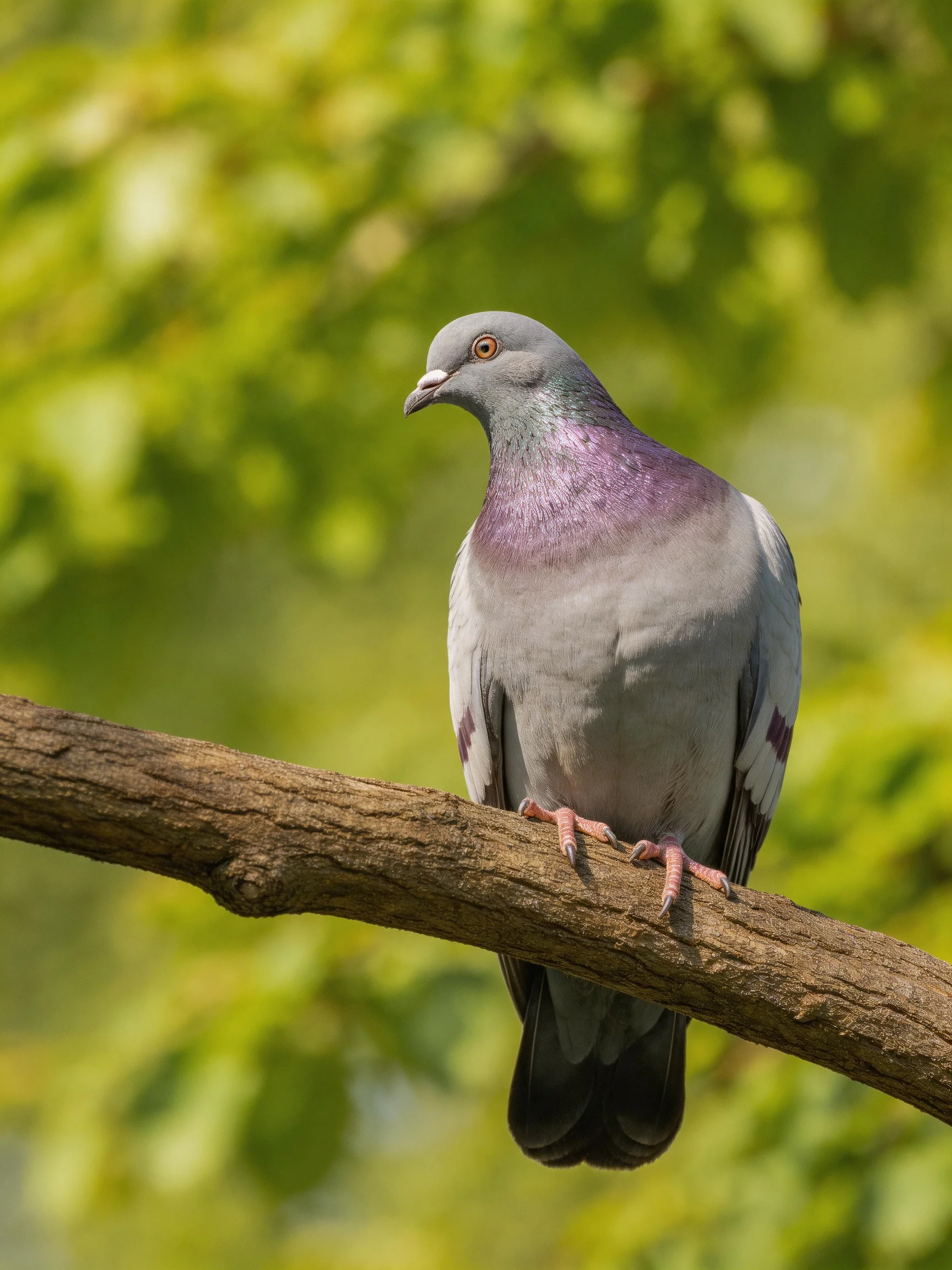 A gray and purple pigeon rests on a brown tree branch amid green foliage.