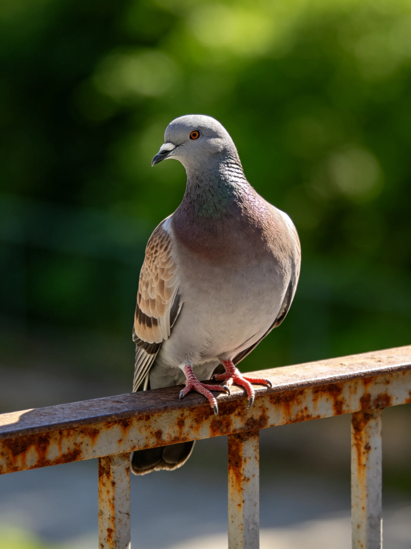 A gray and purple pigeon rests on a weathered metal railing amid a blurred green background.
