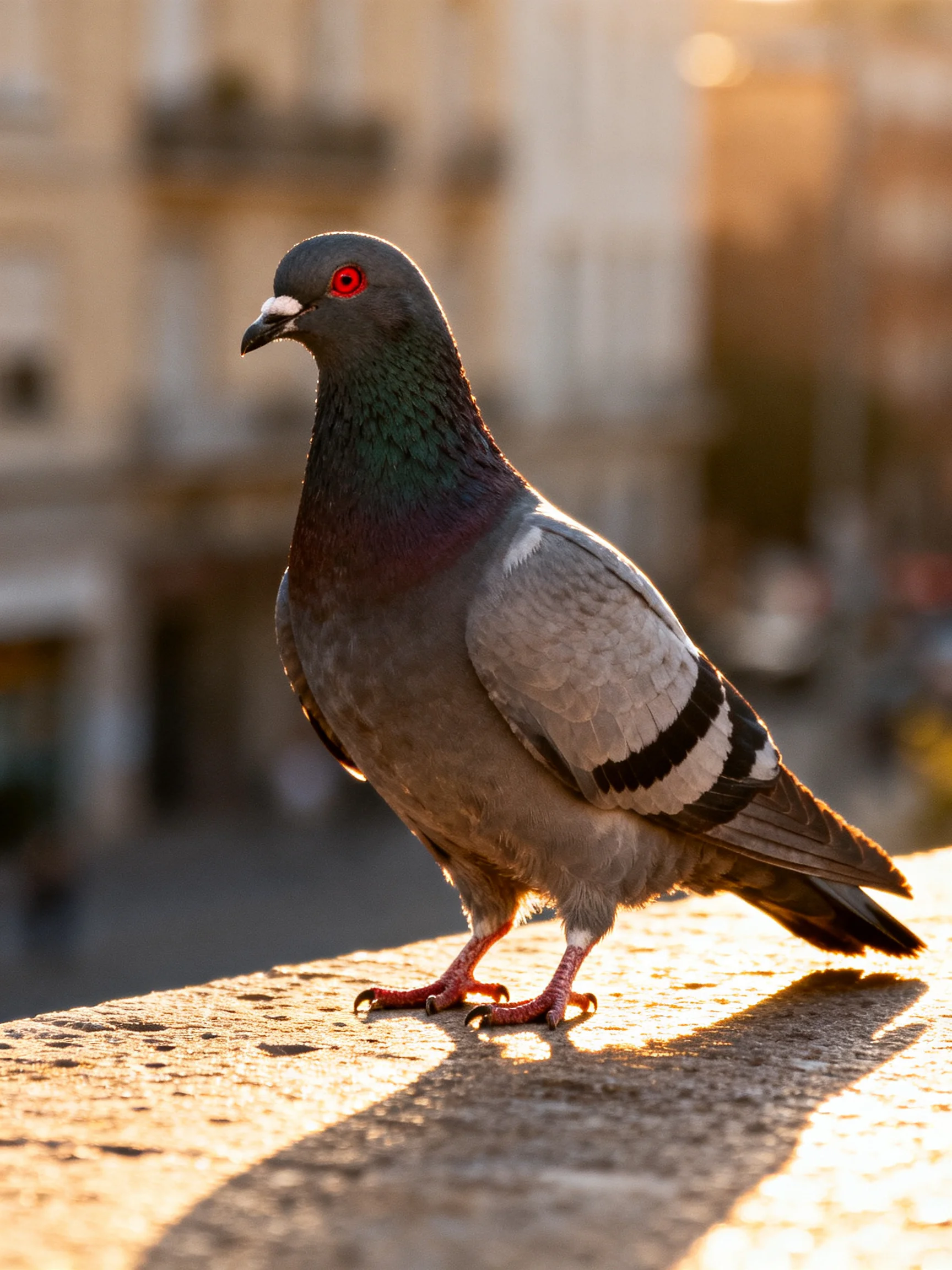 A pigeon stands on a ledge illuminated by warm sunlight.