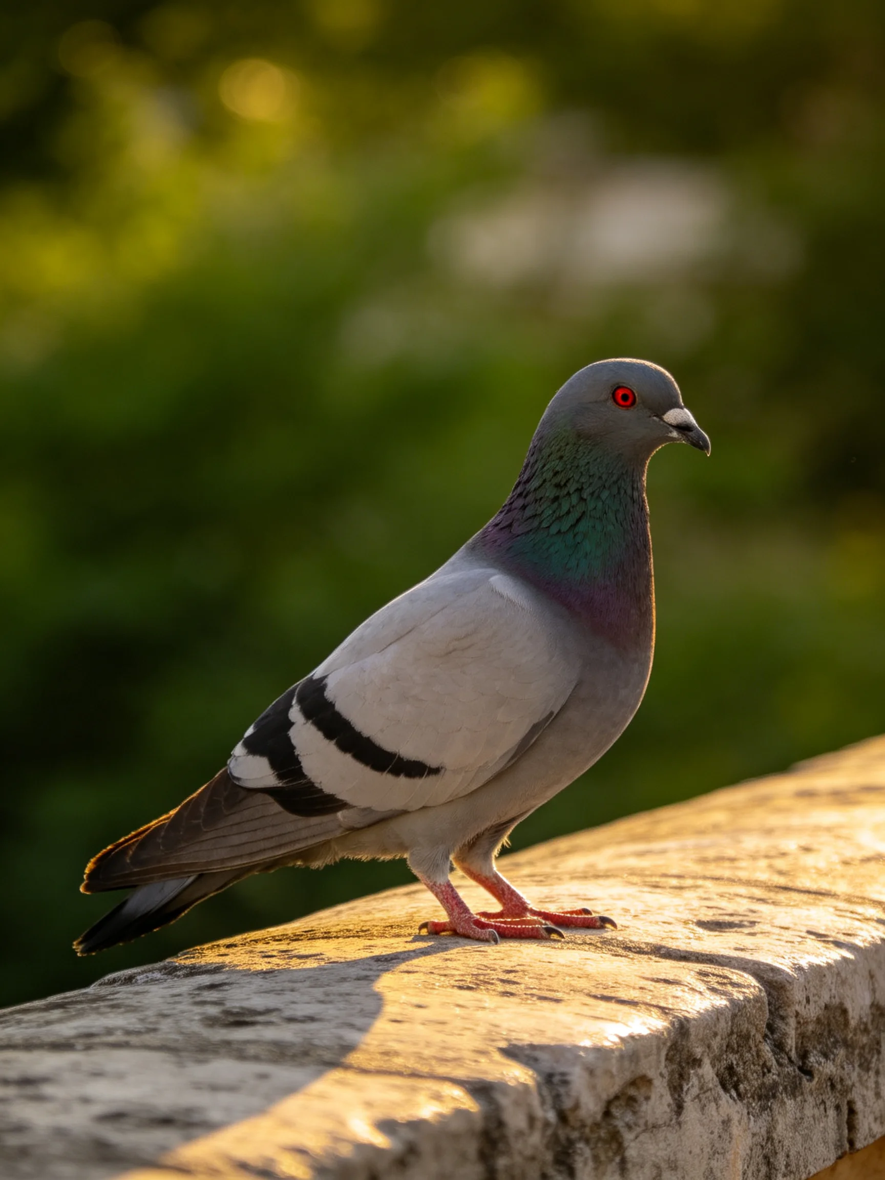 A pigeon with gray and purple plumage rests on a stone ledge in sunlight.