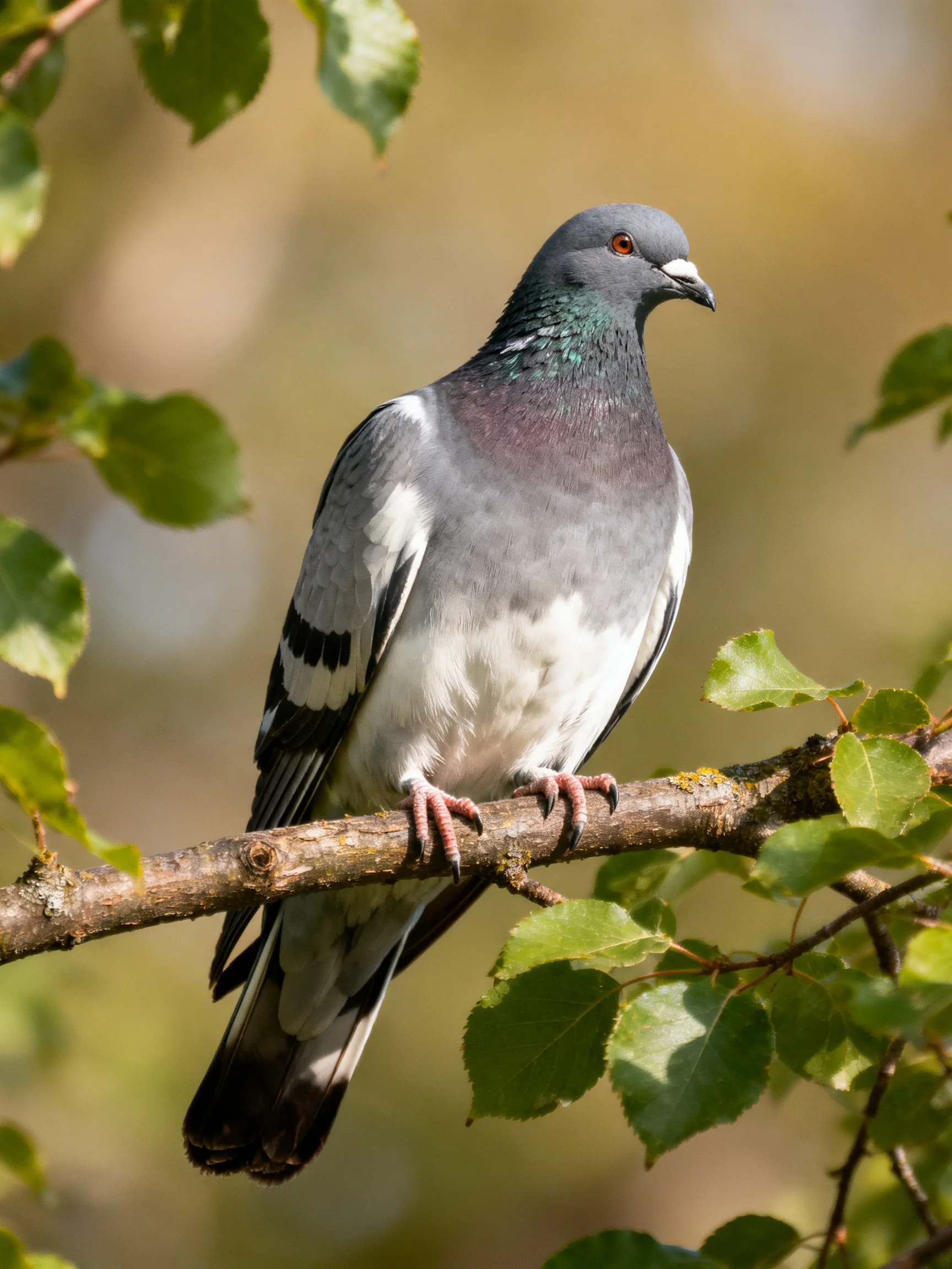 A gray and purple pigeon rests on a tree branch near green leaves.
