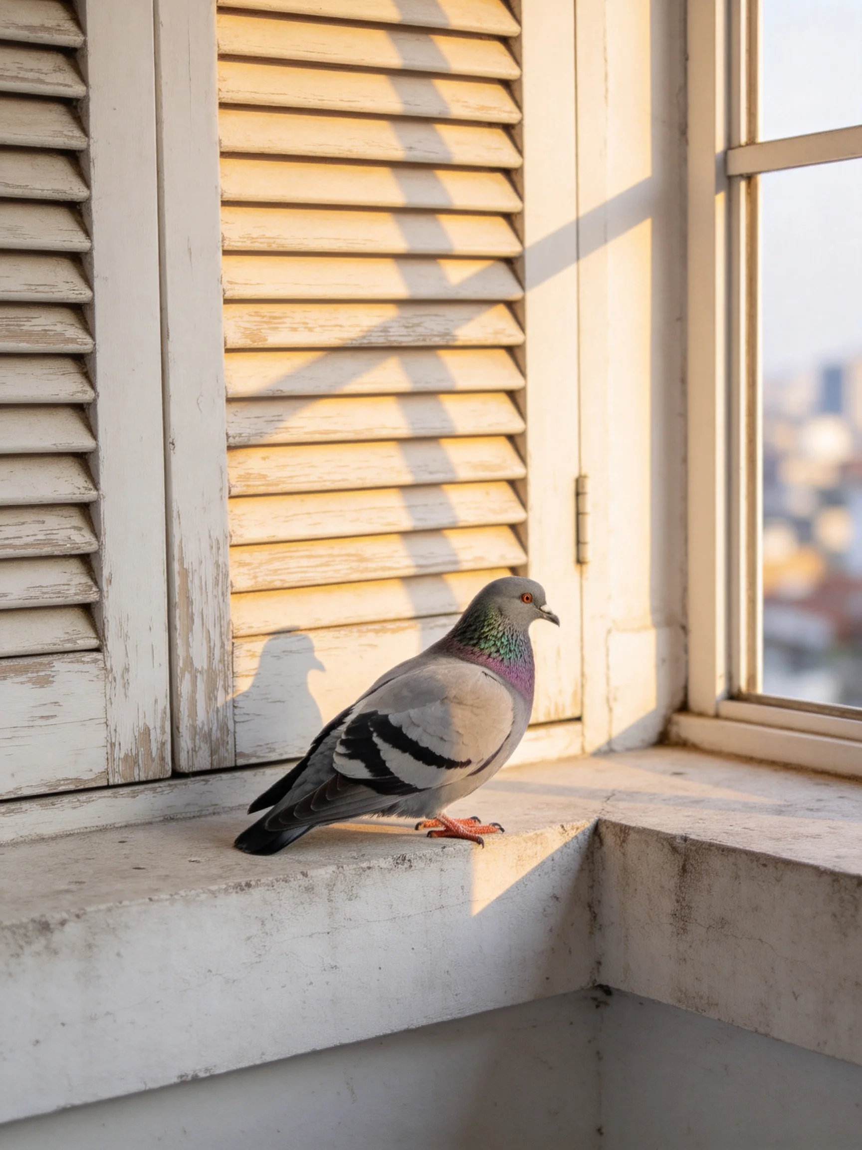 A pigeon rests on a window ledge beside old wooden shutters