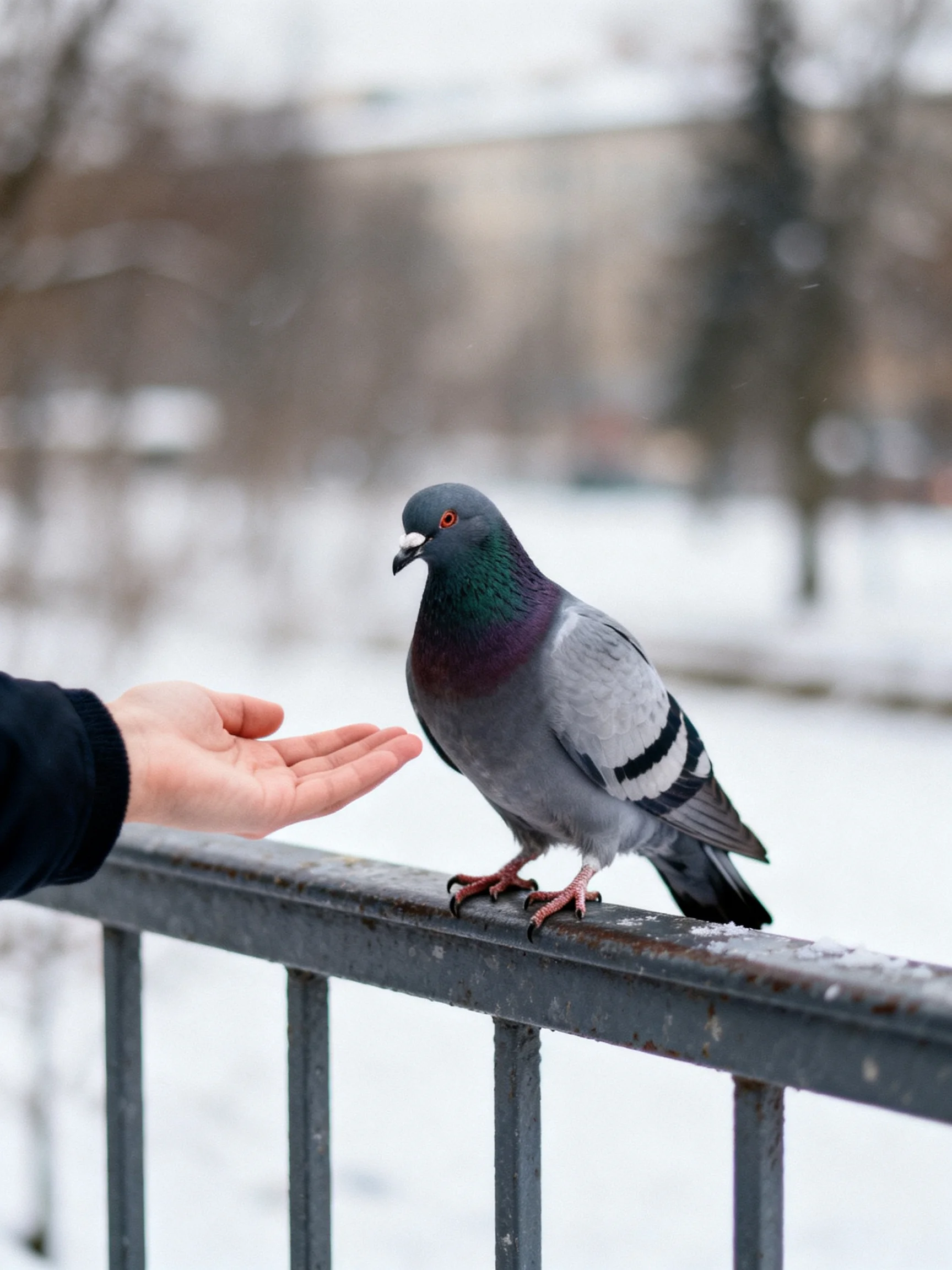 A pigeon interacts with a human hand on a metal railing in a snowy environment