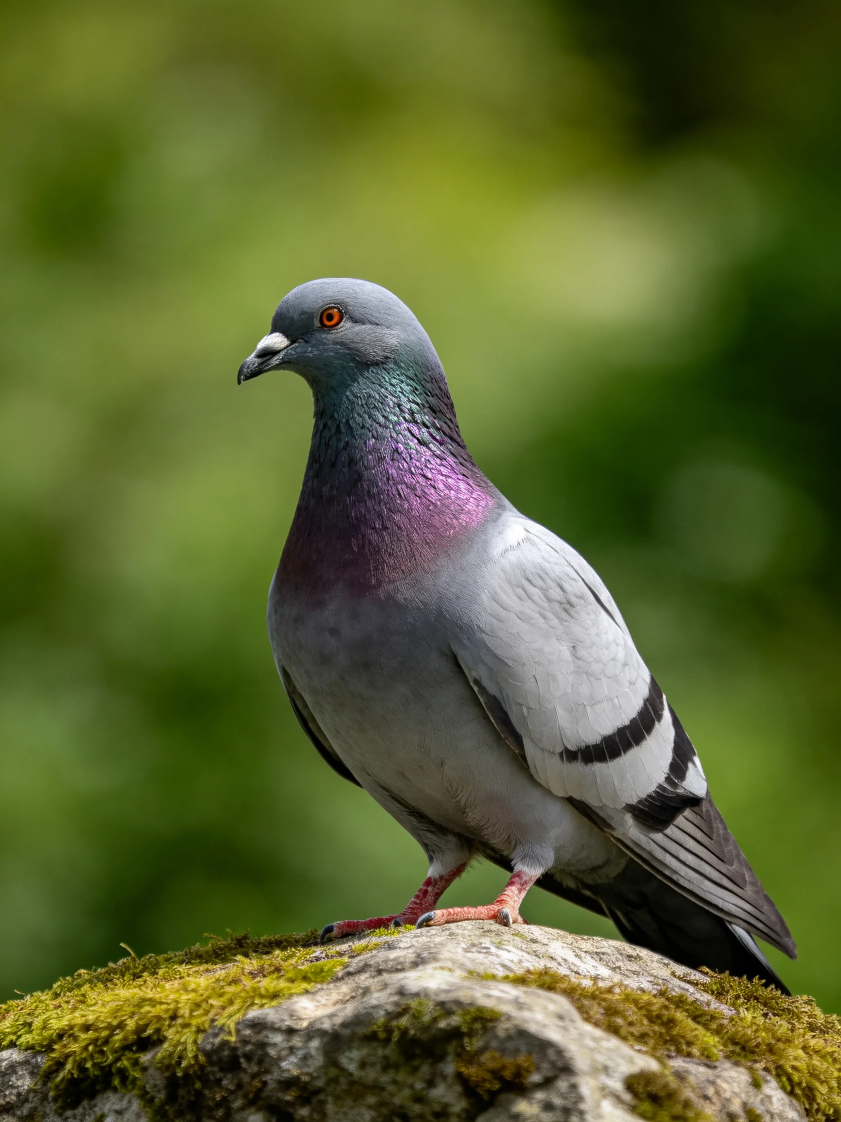 A gray and purple pigeon rests on a mossy rock in a green environment.