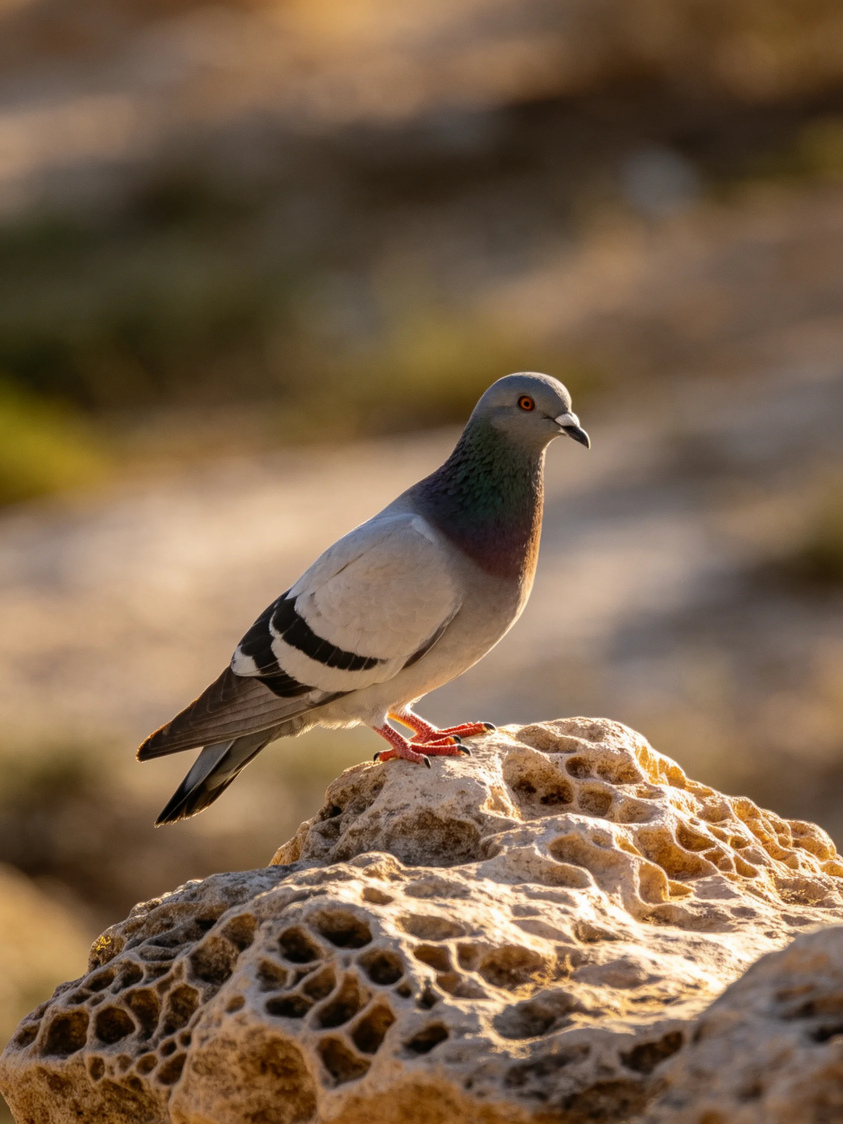 A pigeon stands on a coral rock in bright daylight.
