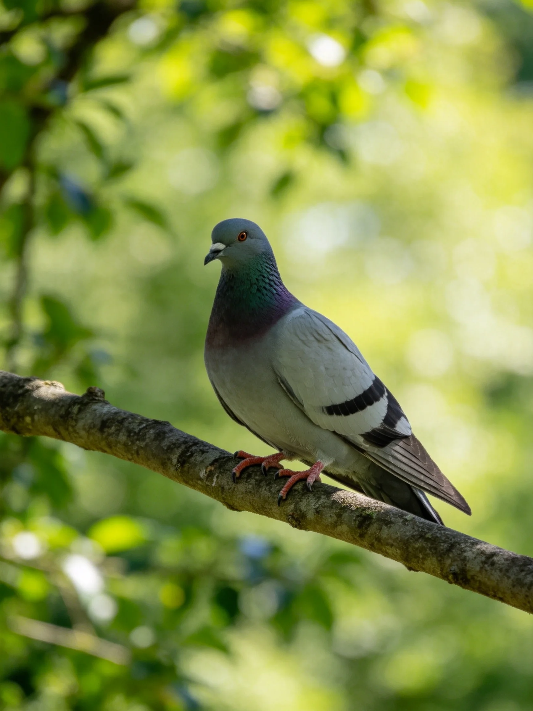 A pigeon rests on a branch surrounded by green foliage