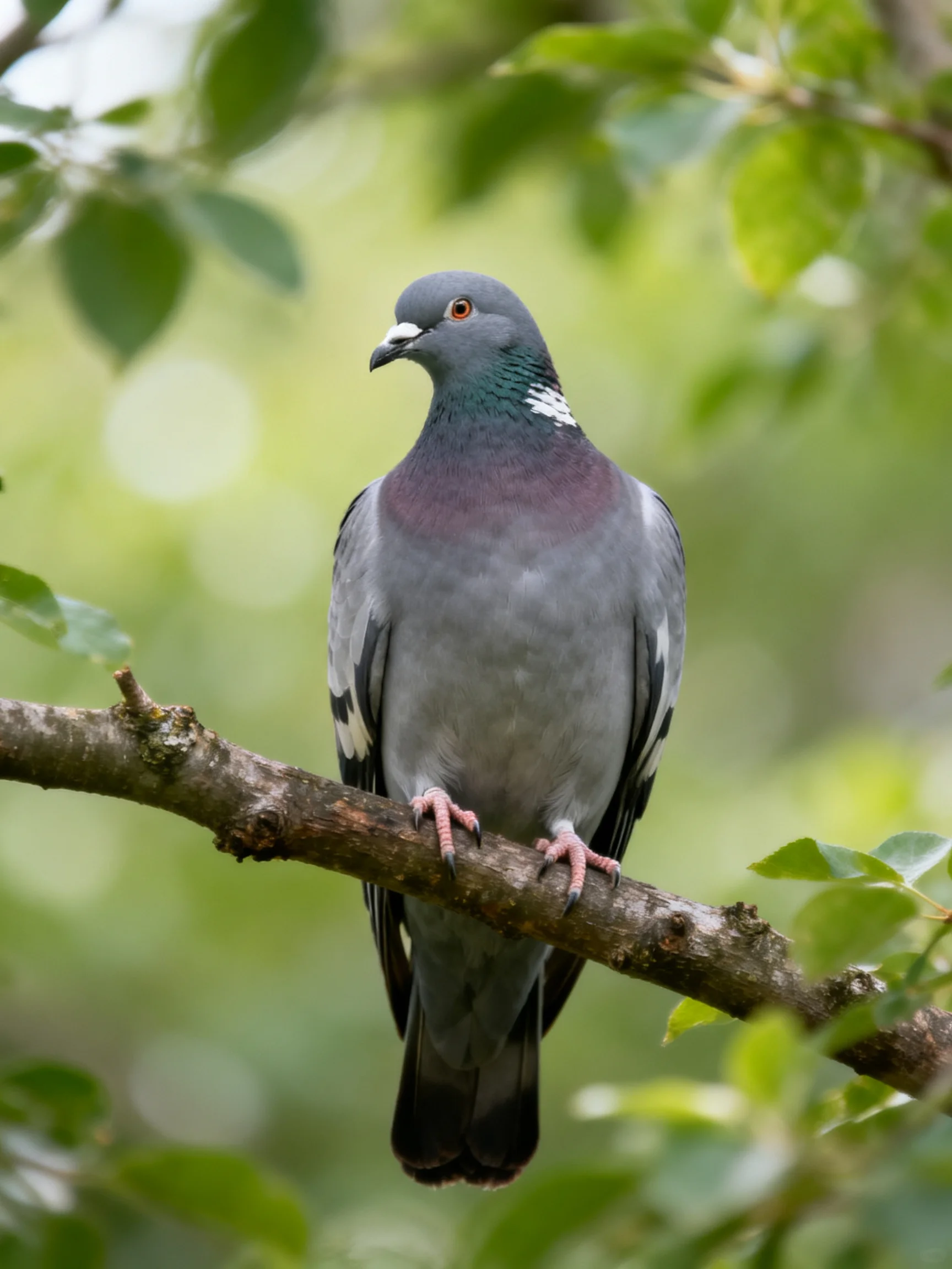 A gray and purple pigeon rests on a tree branch amid lush green foliage.