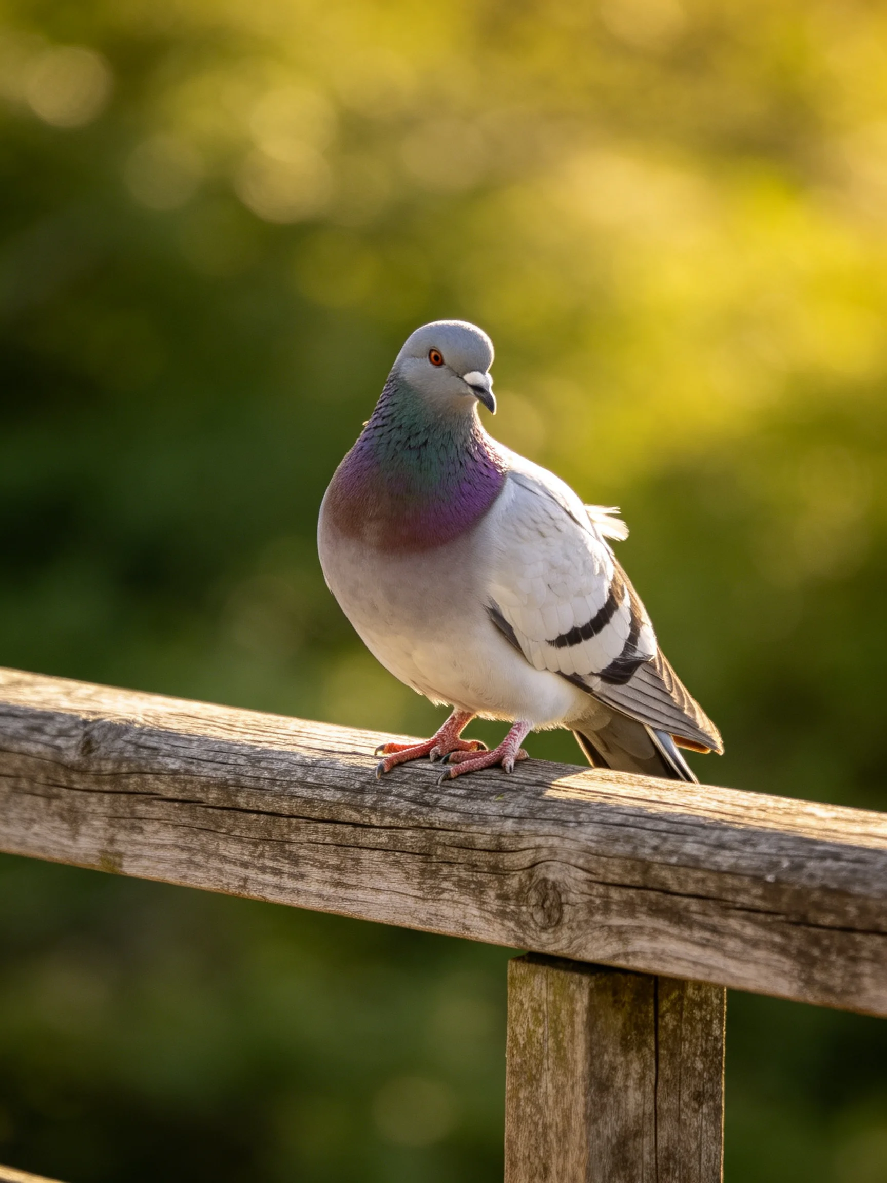 A colorful pigeon sits atop a wooden railing with a blurred green backdrop.