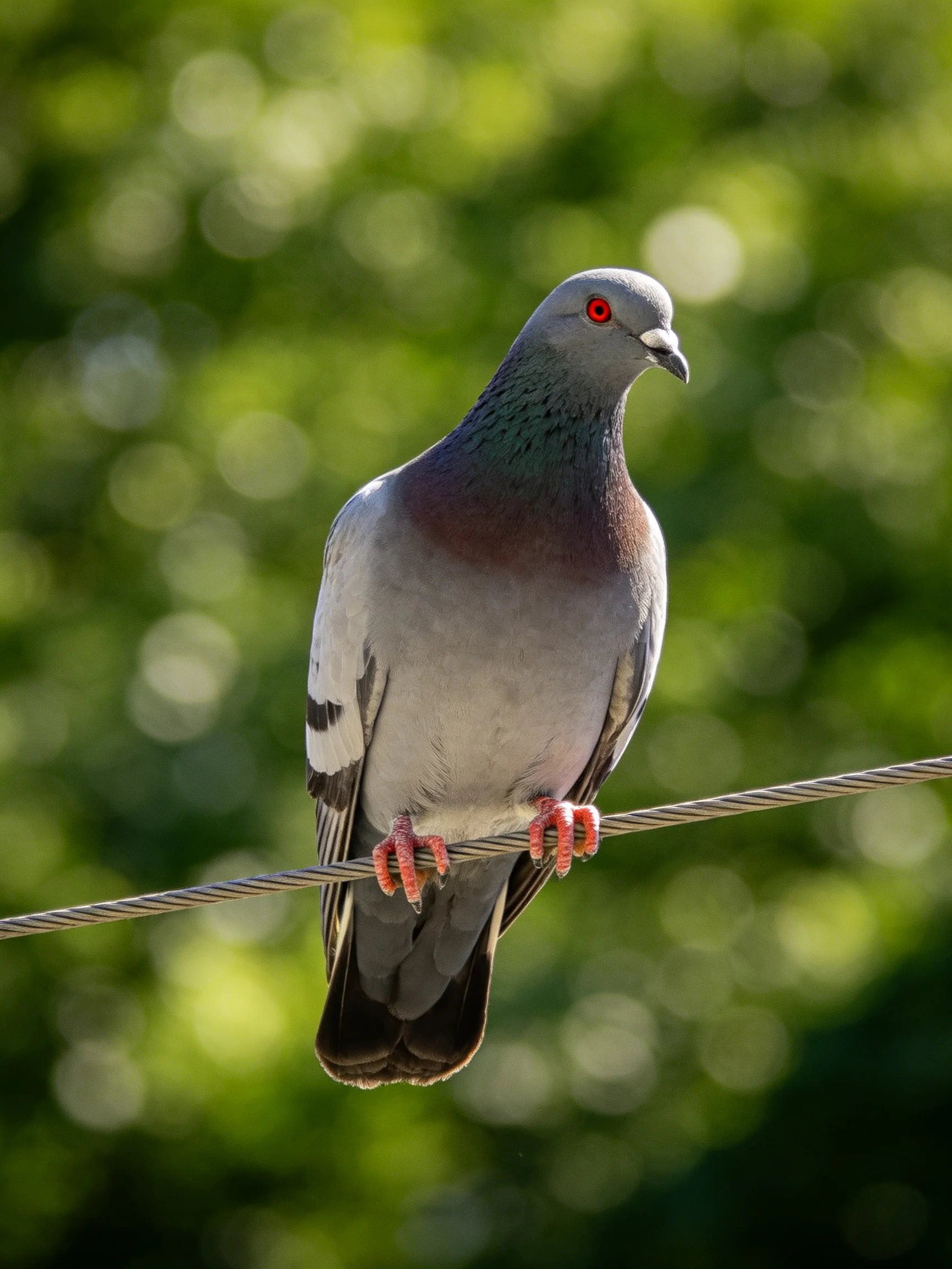 A pigeon with multicolored plumage rests on a wire against a blurred green background.