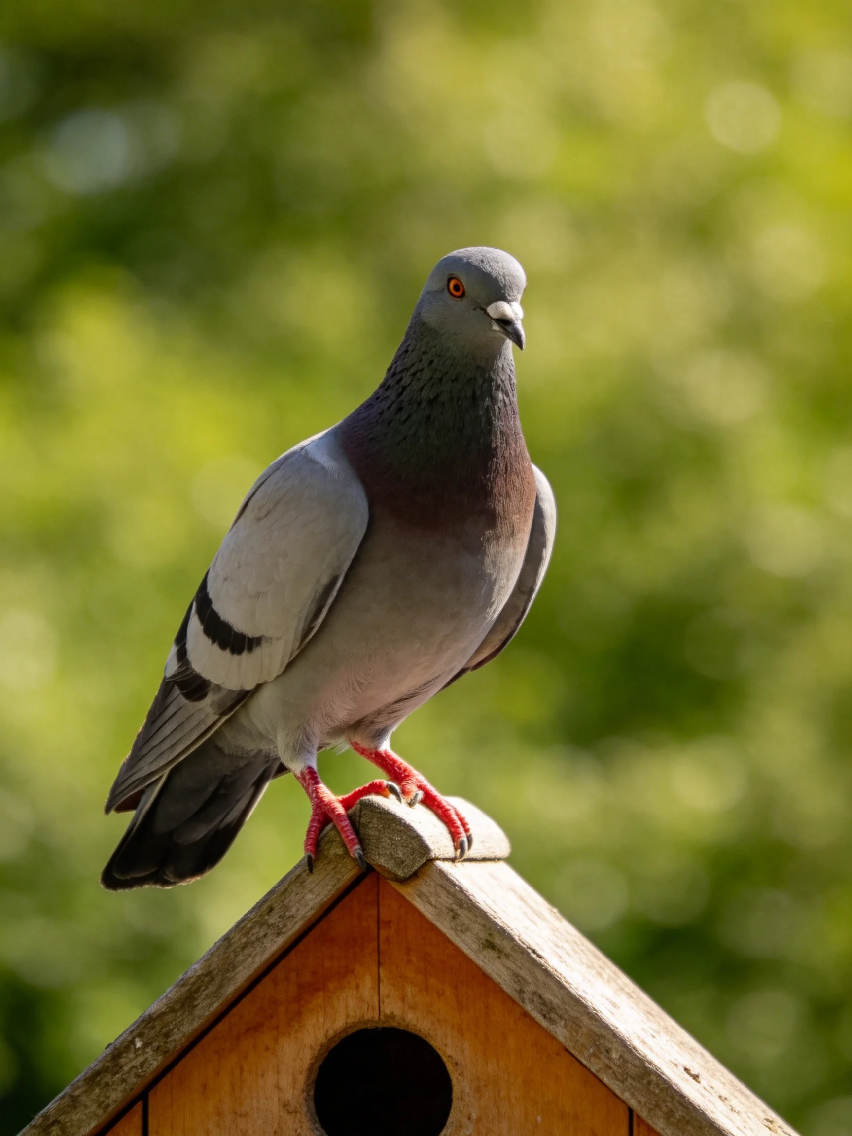 A pigeon stands on a wooden birdhouse with green foliage in the background