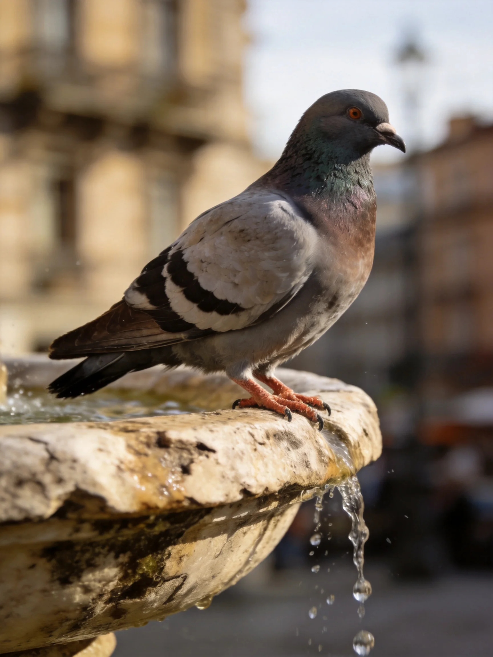 A gray and purple pigeon perches on an aged stone fountain