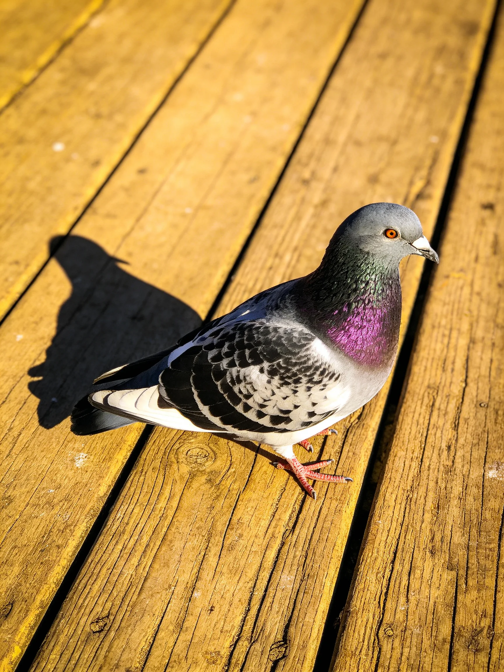 A pigeon with colorful plumage rests on a wooden deck.