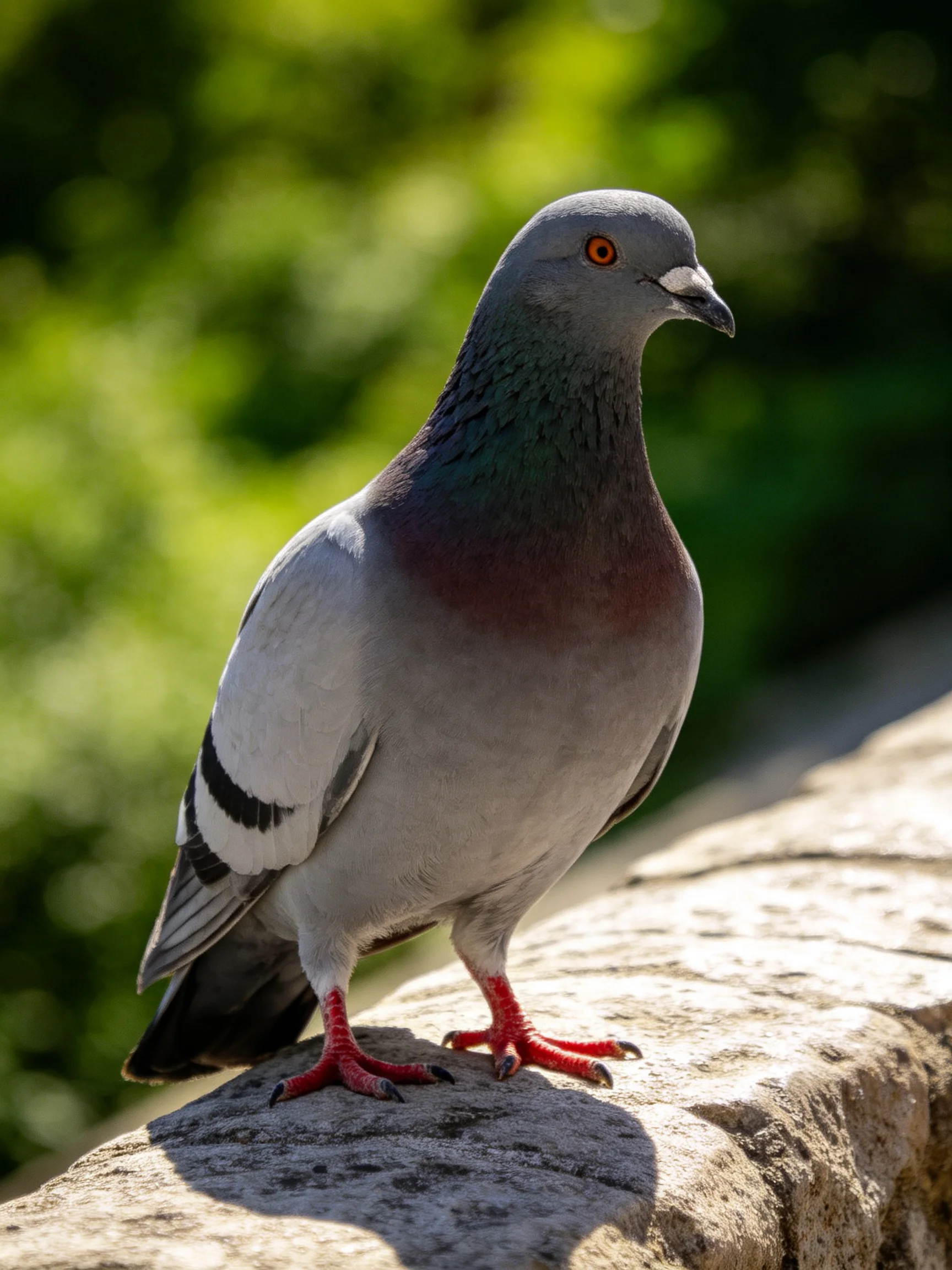 A pigeon stands on a stone ledge in sunlight.