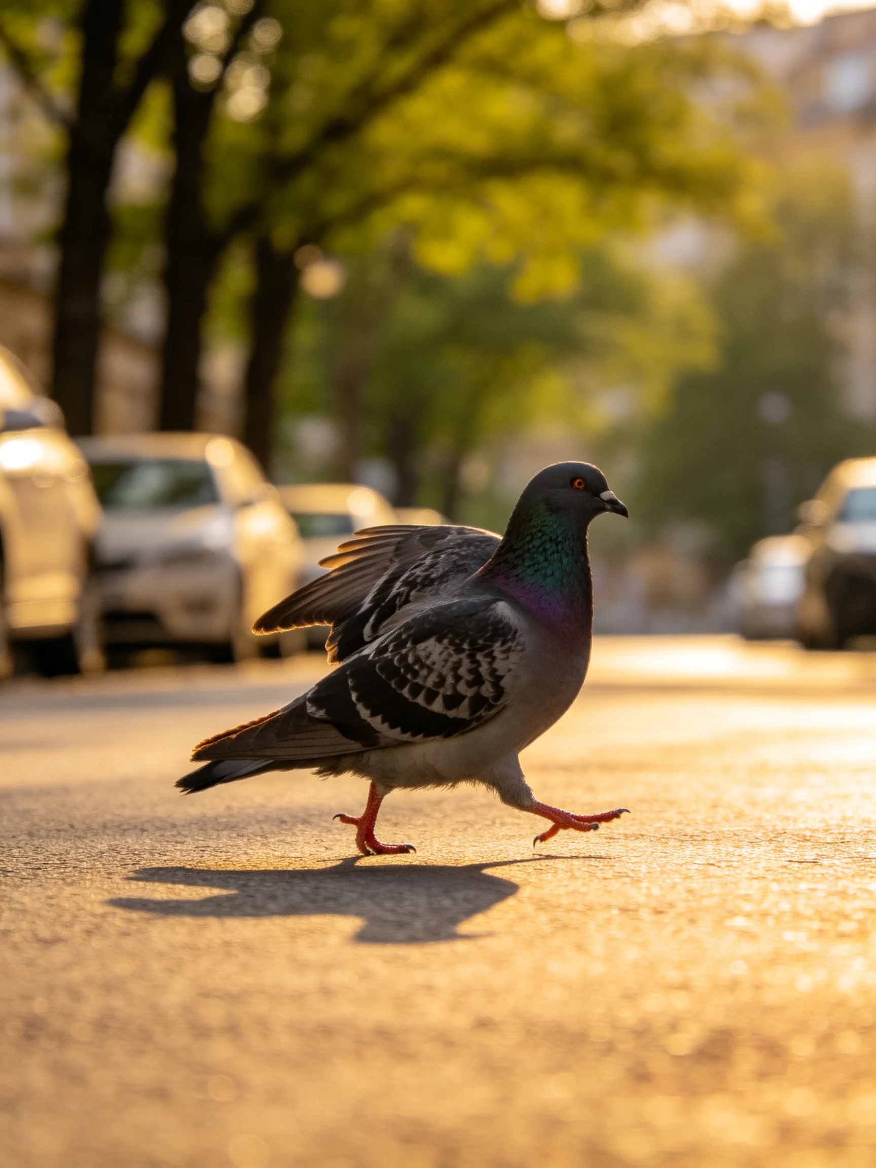 A pigeon crosses a sunlit city street with parked cars nearby