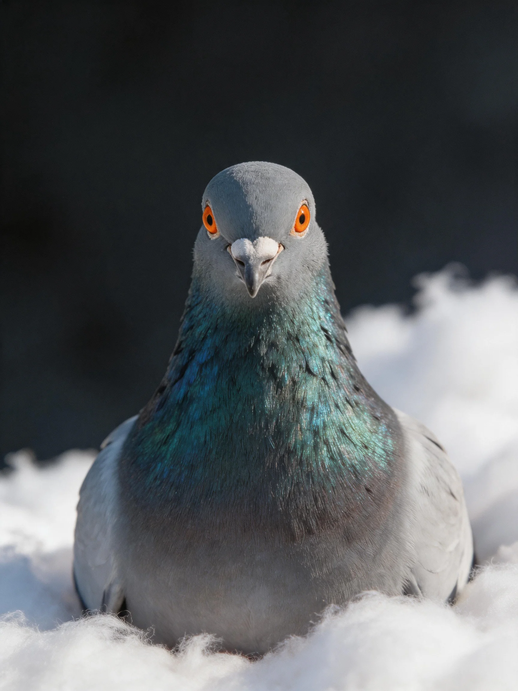 A gray and teal-feathered pigeon with bright orange eyes sits in snow