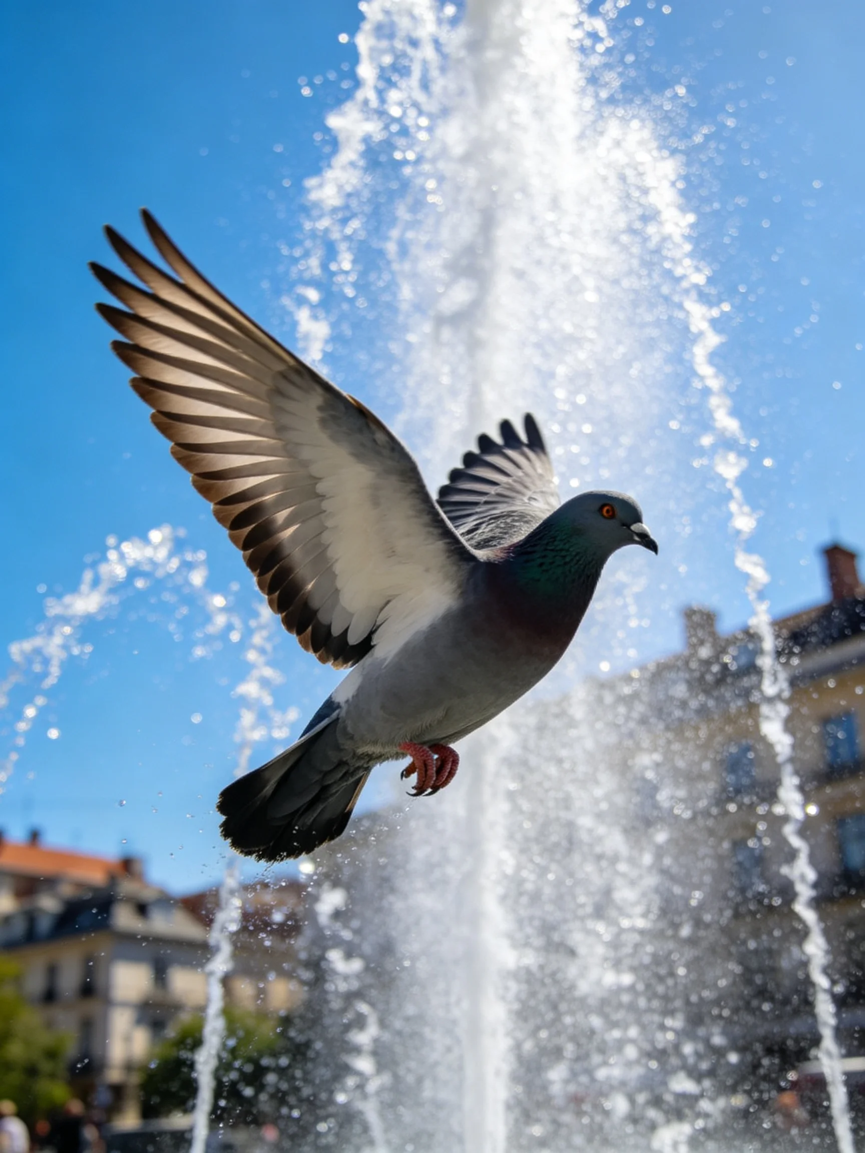 A gray and teal pigeon flies near a towering, sparkling fountain