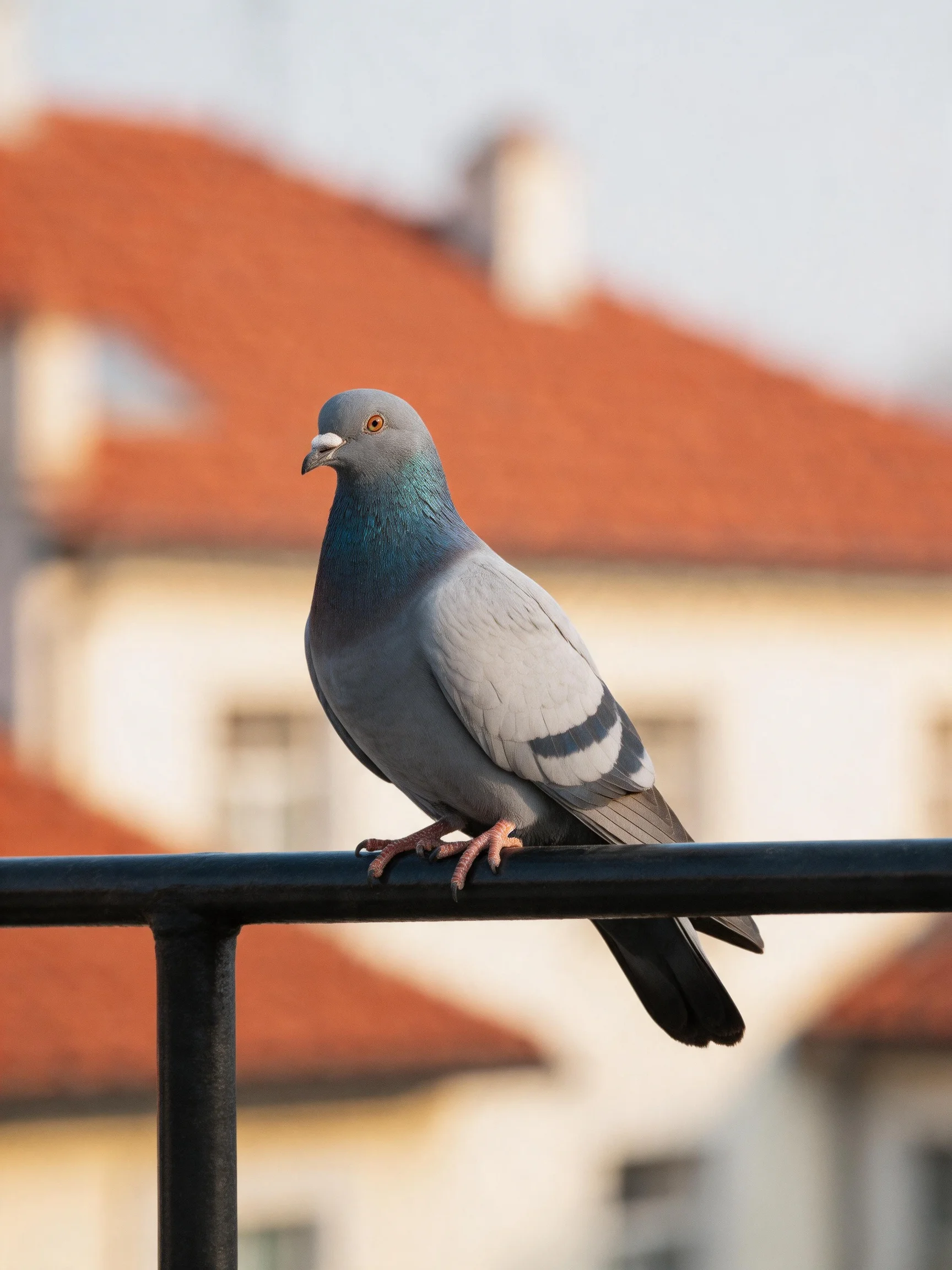A gray and teal pigeon perches on a dark metal railing near red-roofed buildings