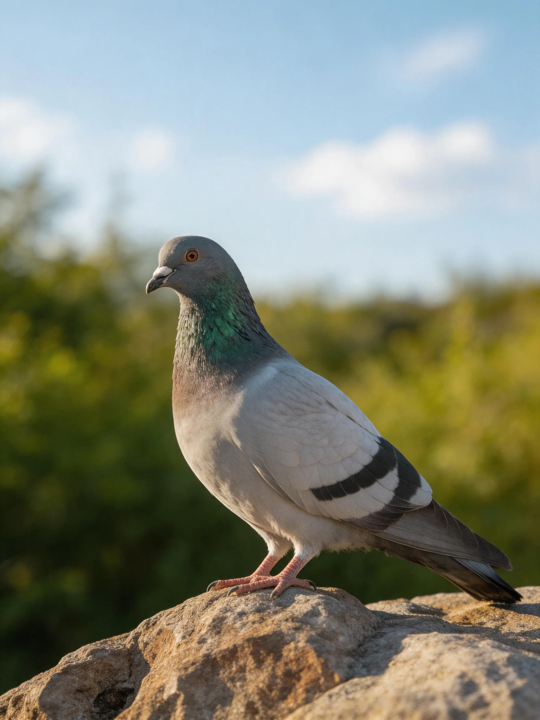A gray and teal pigeon perches on a weathered rocky outcrop