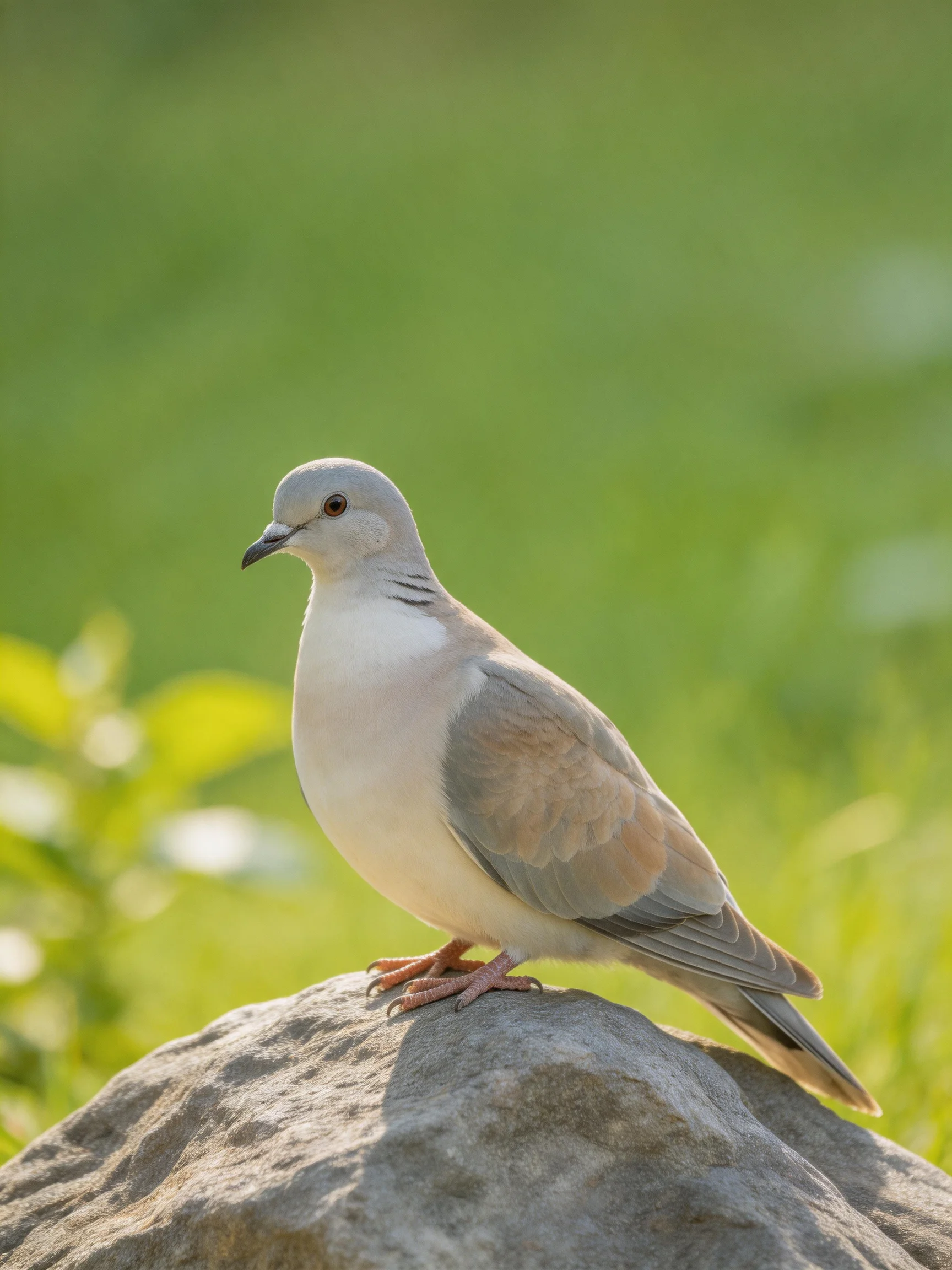 A gray and white dove perched on a large stone amid green foliage