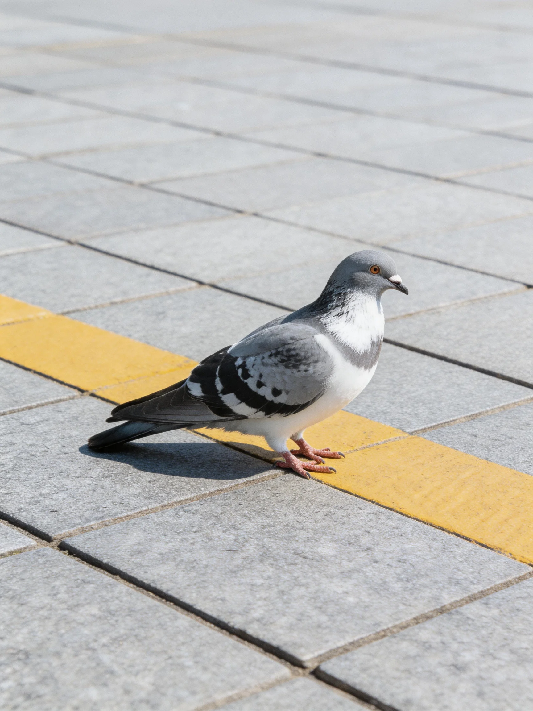 A gray and white pigeon near a yellow stripe on tiled pavement