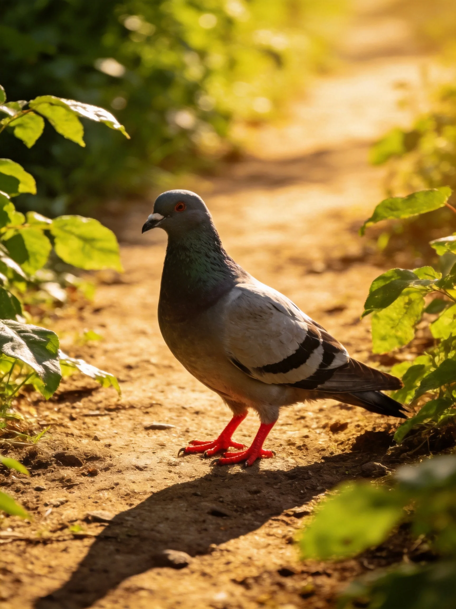 A pigeon with multicolored feathers walks along a sunlit dirt path bordered by green plants.
