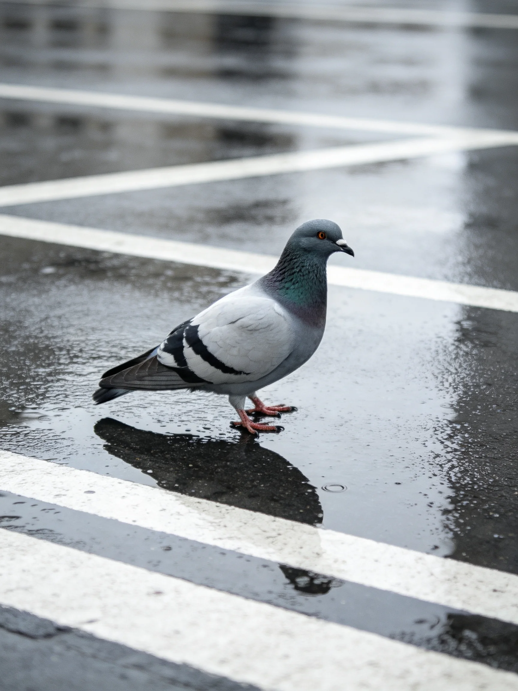 A gray and white pigeon on a wet, marked pavement
