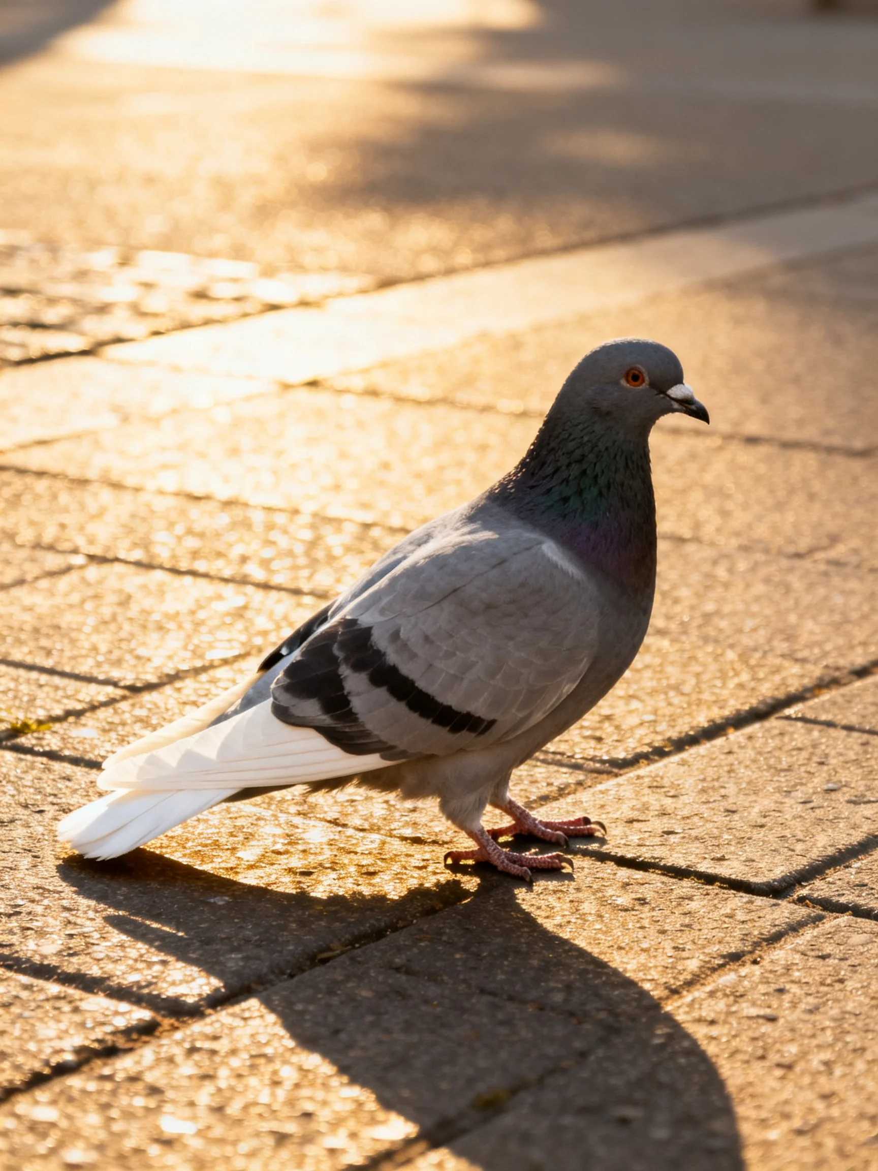 A pigeon with gray, black, and white plumage walks on sunlit pavement.