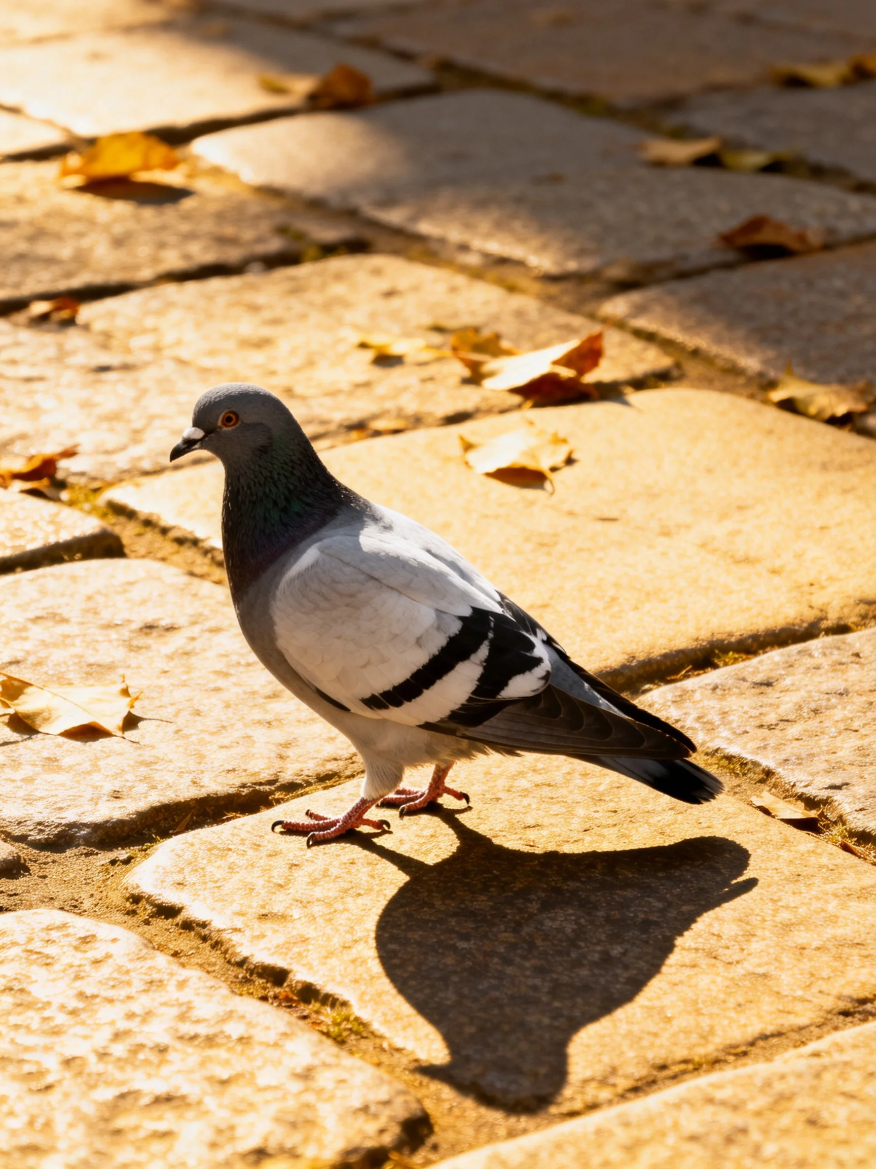 A gray and white pigeon on sunlit stone pavement with autumn leaves