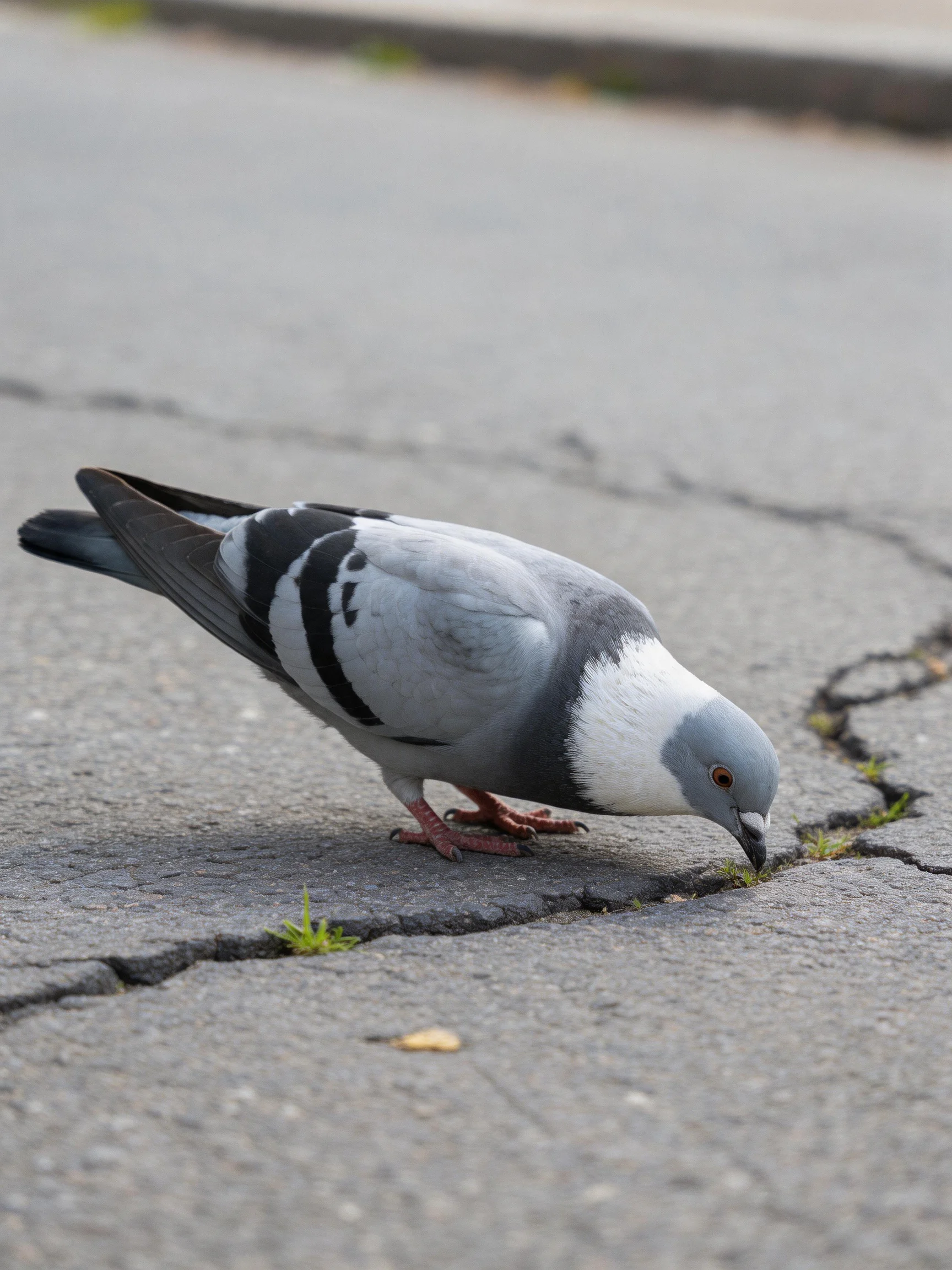 A gray and white pigeon pecking at pavement cracks with small plants