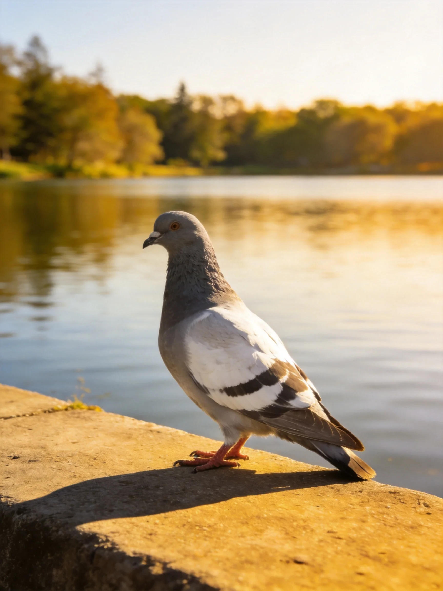 A pigeon stands on a ledge next to a calm, golden-lit body of water.