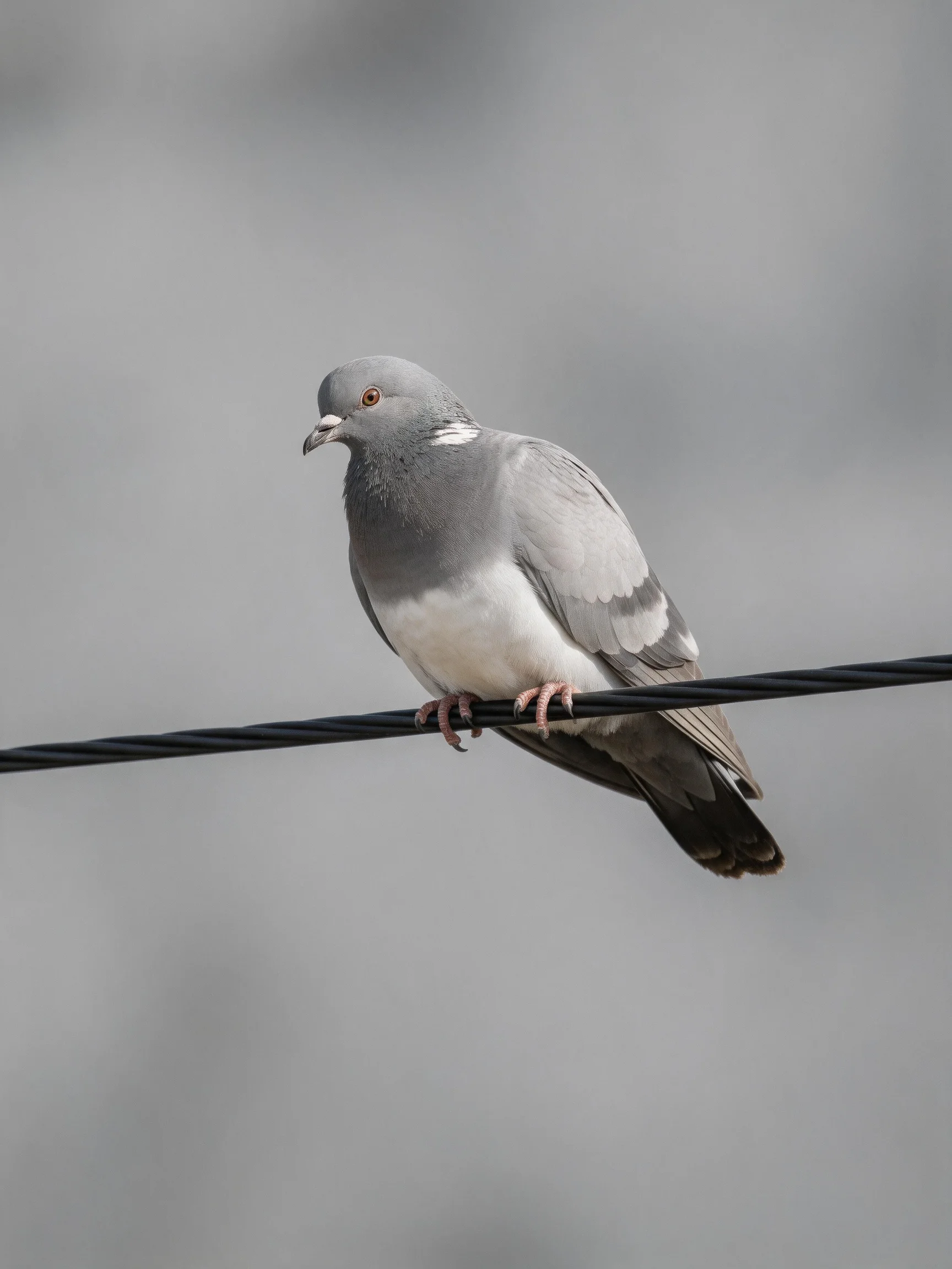 A gray and white pigeon perched on a black twisted wire