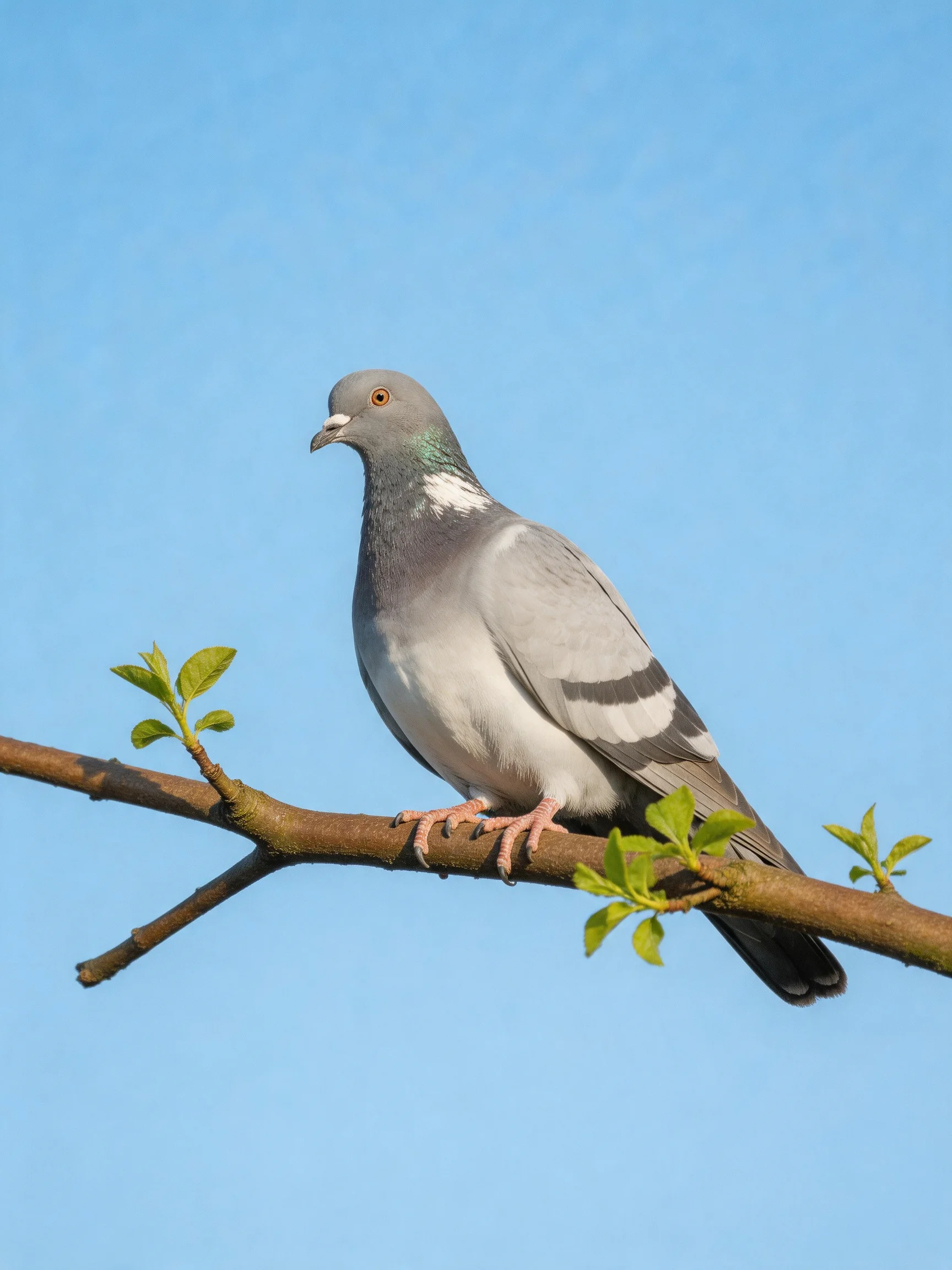 A gray and white pigeon sits on a brown tree branch under a clear blue sky.