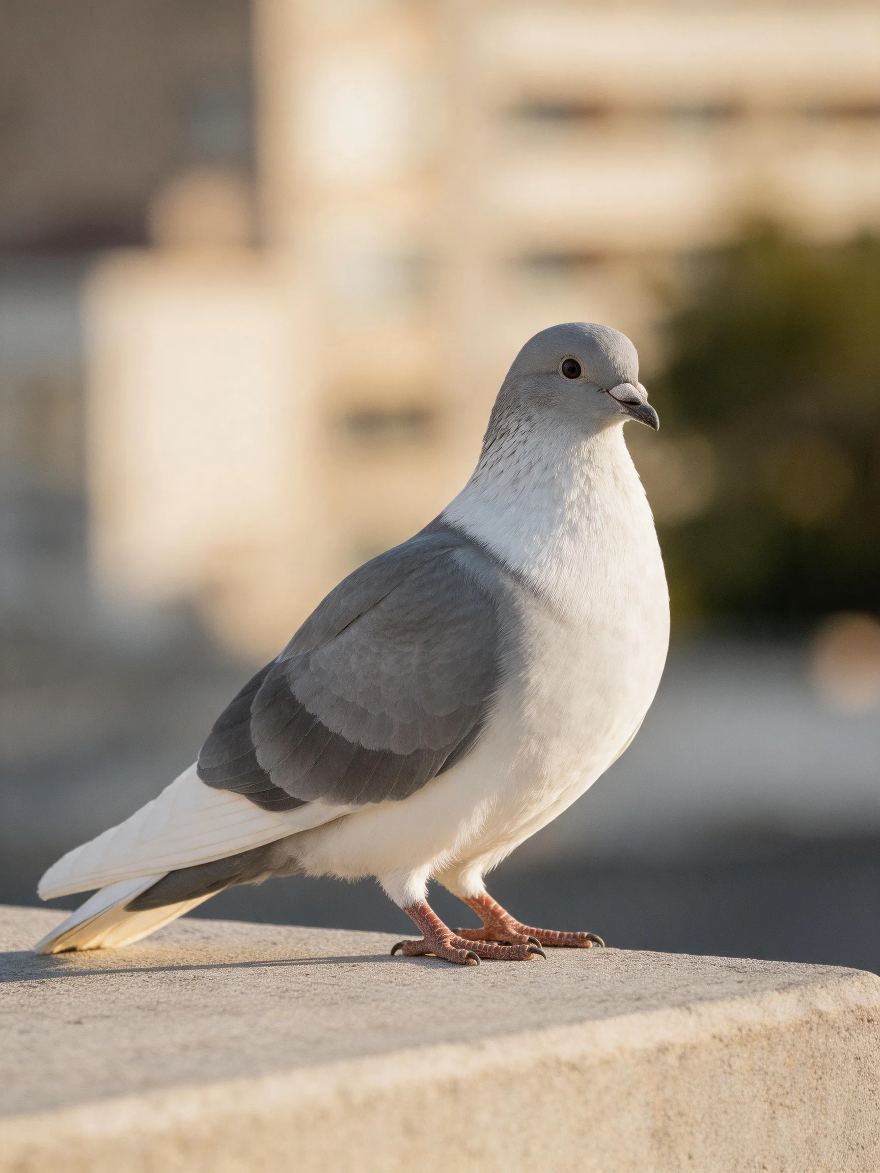 A gray and white pigeon rests on a concrete ledge.