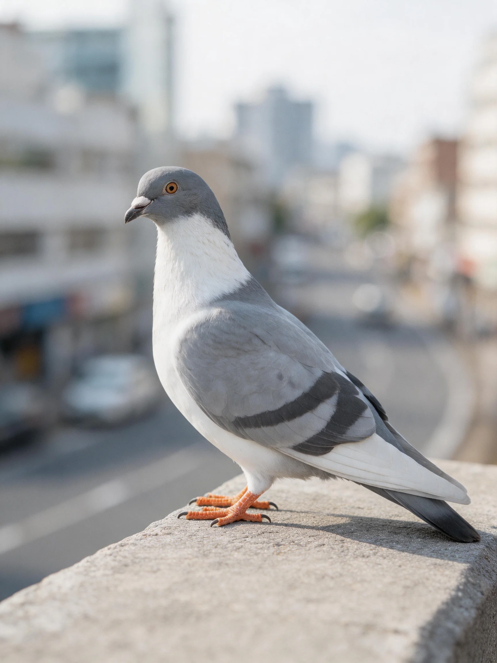 A gray and white pigeon stands on a concrete ledge overlooking an urban street.