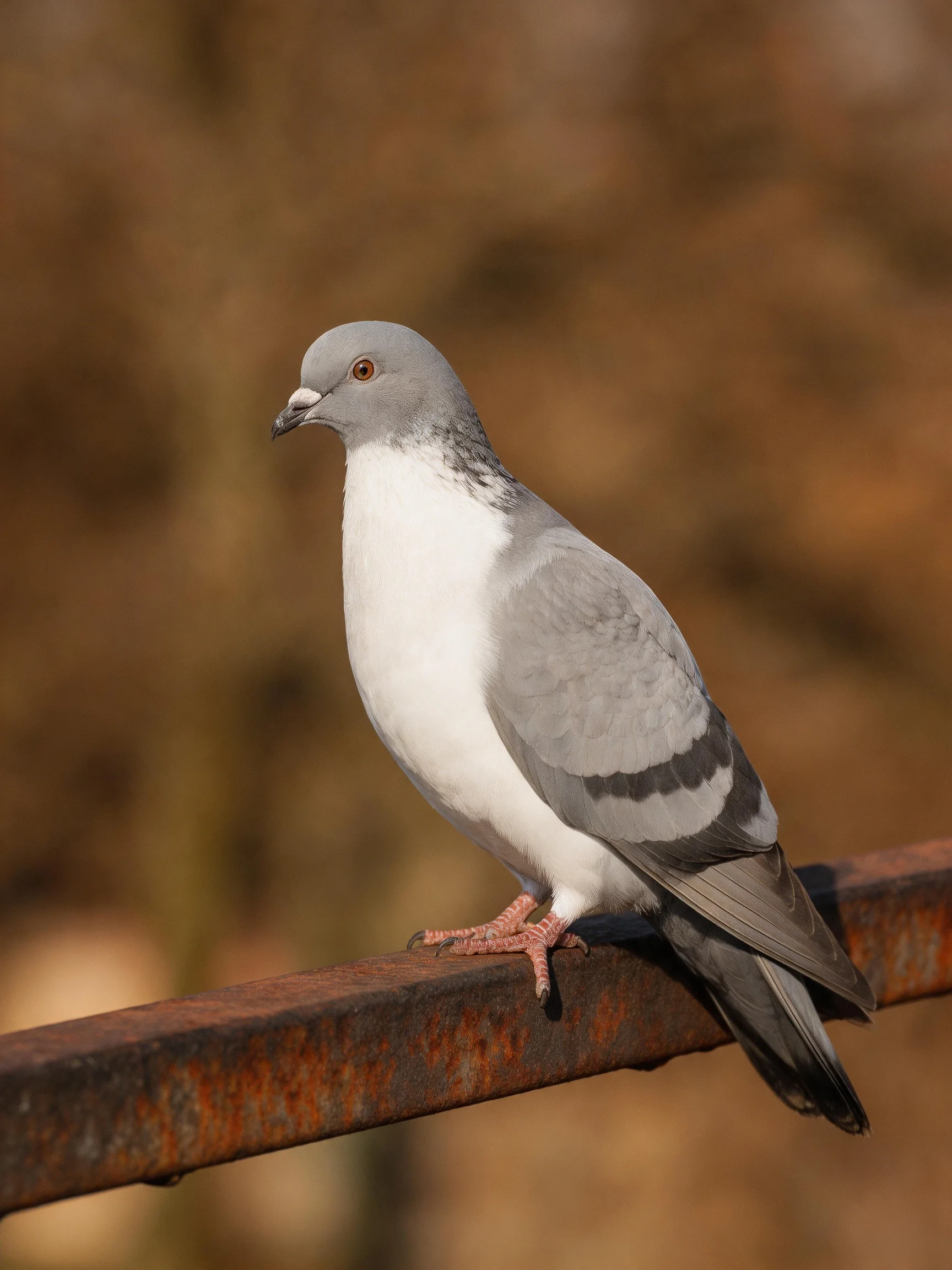 A gray and white pigeon rests on a rusted metal bar with a blurred brown backdrop.