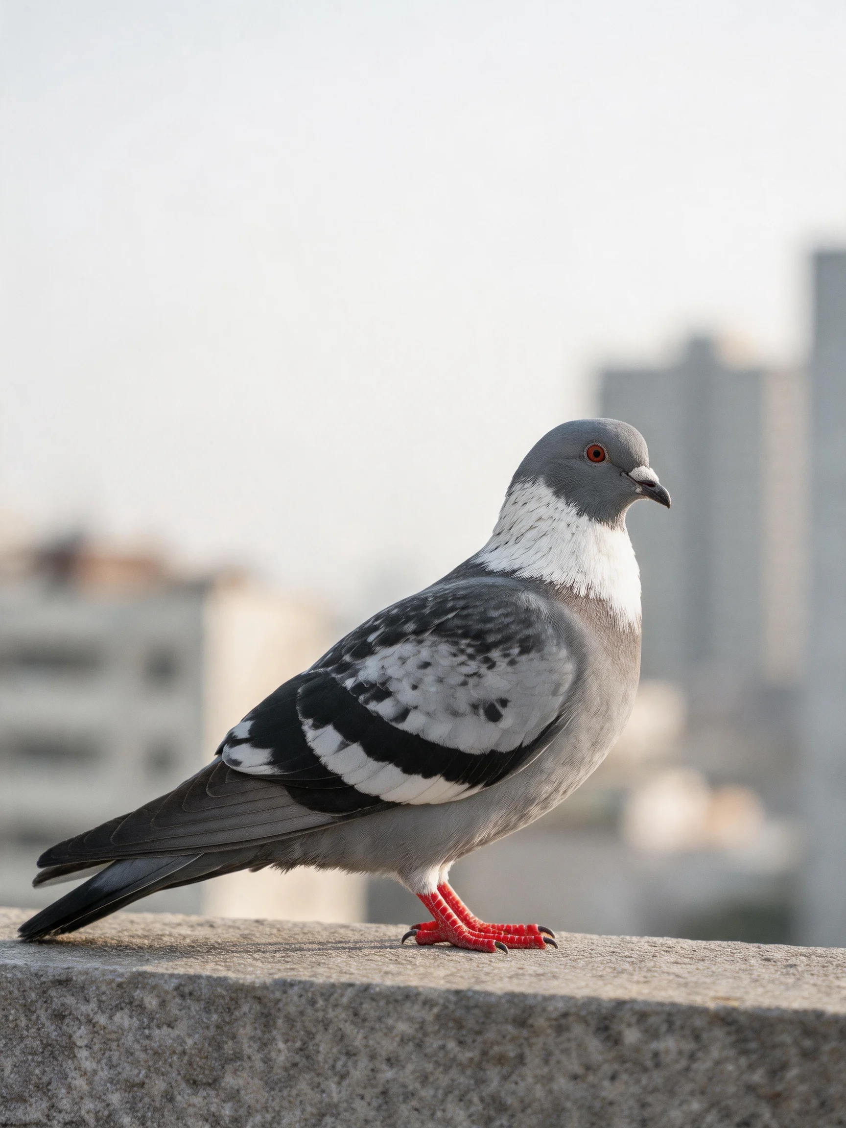 A gray and white pigeon stands on a stone ledge with blurred city buildings in the background.