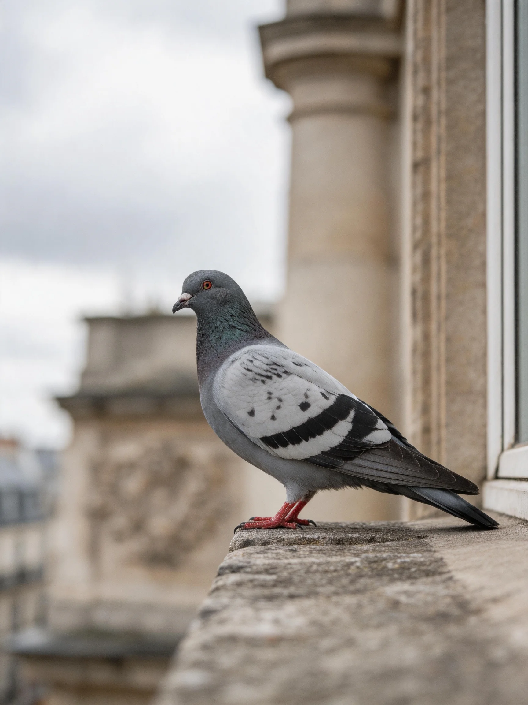 A gray and white pigeon perched on a weathered stone ledge