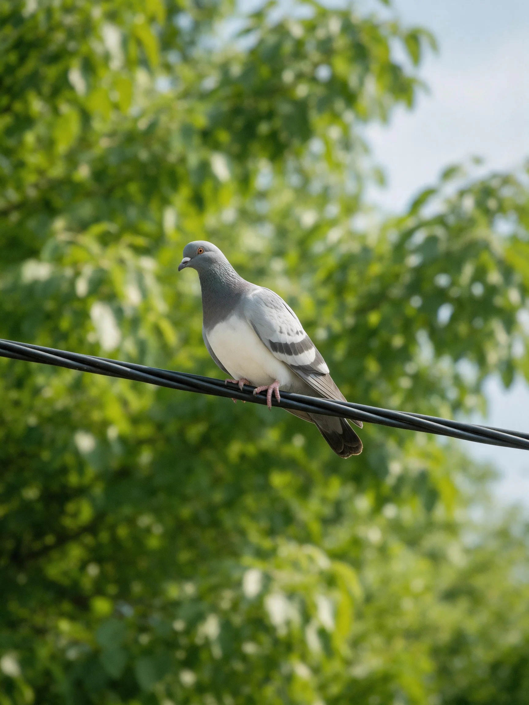 A gray and white pigeon perches on a black wire amidst lush green trees