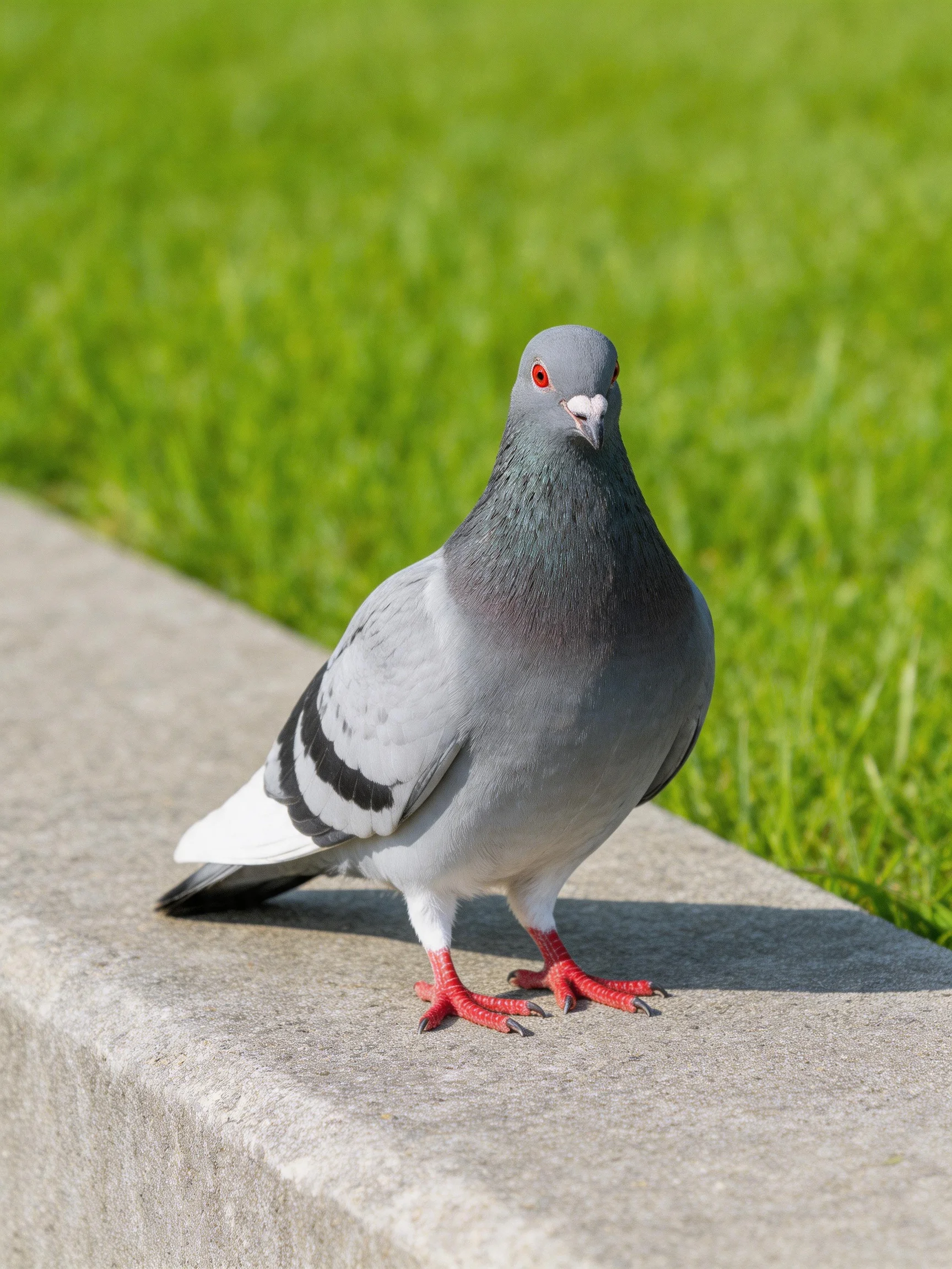 A gray and white pigeon rests on a concrete ledge adjacent to green grass.