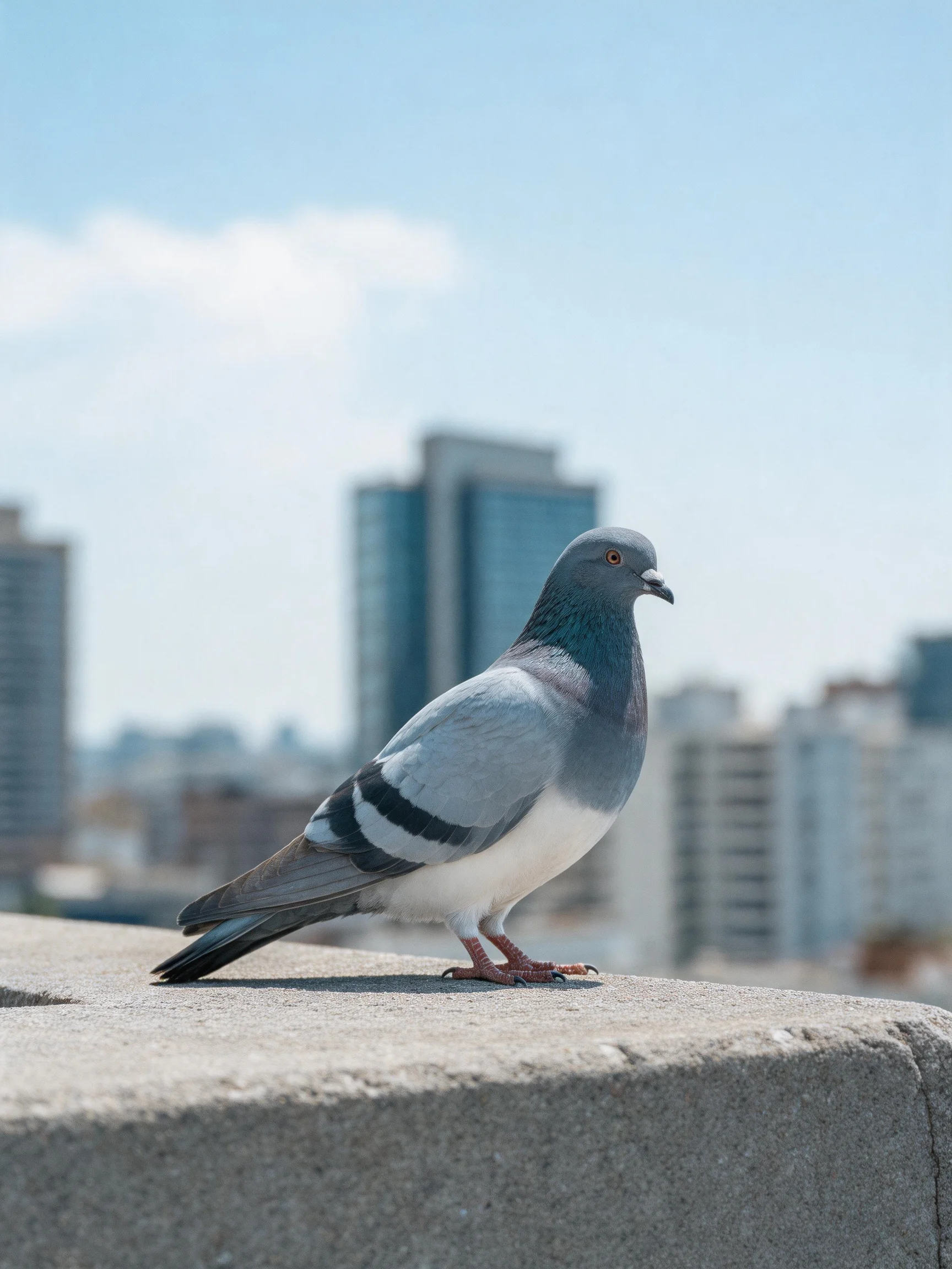 A gray and white pigeon perches on a concrete ledge near city skyscrapers